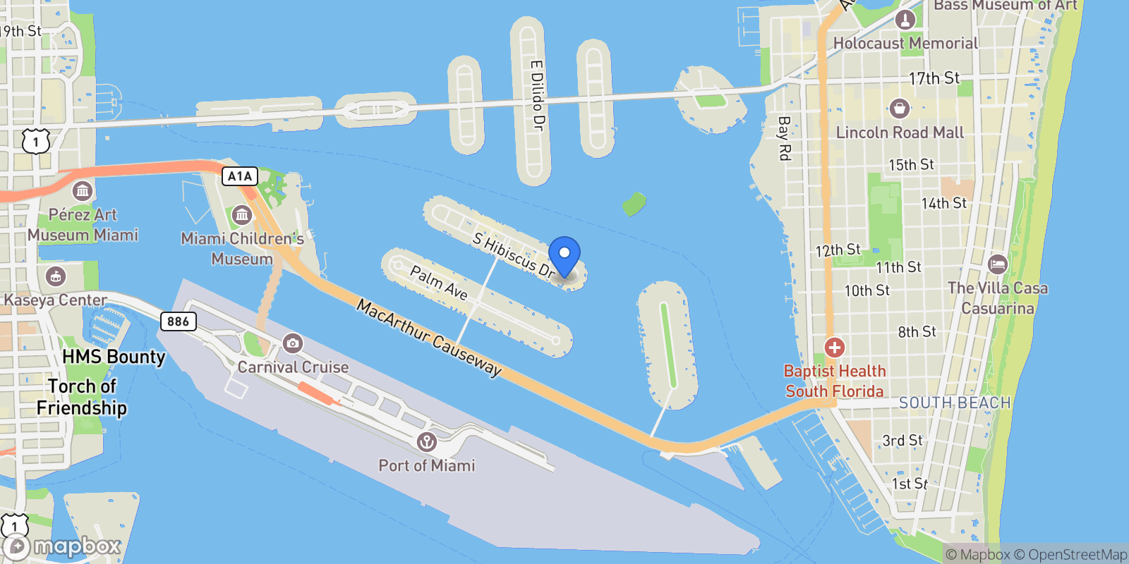 Map showing 94 S Hibiscus Dr , Miami Beach, FL 33139, Miami Beach, Florida, United States.