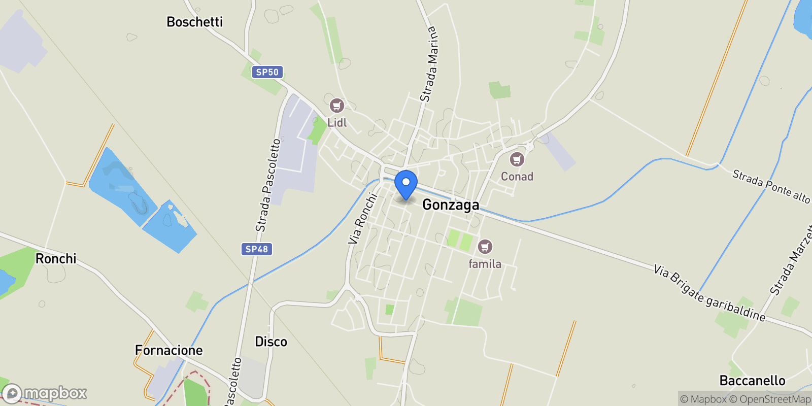 Map showing Via Lisiade Pedroni 9, Gonzaga, Lombardy, Italy.