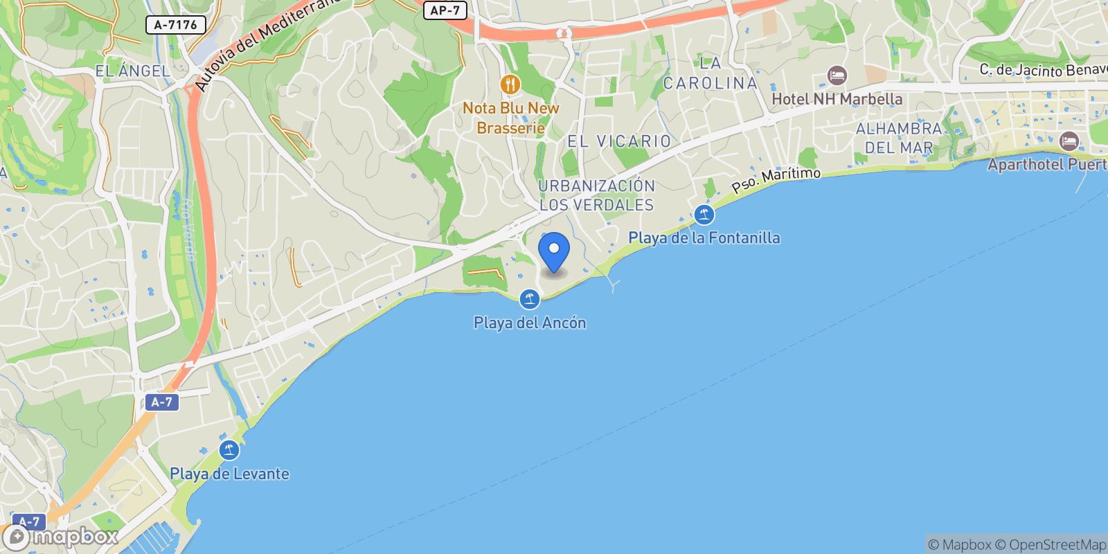 Map showing Marbella, Malaga, Marbella, Golden Mile, Andalusia, Spain.