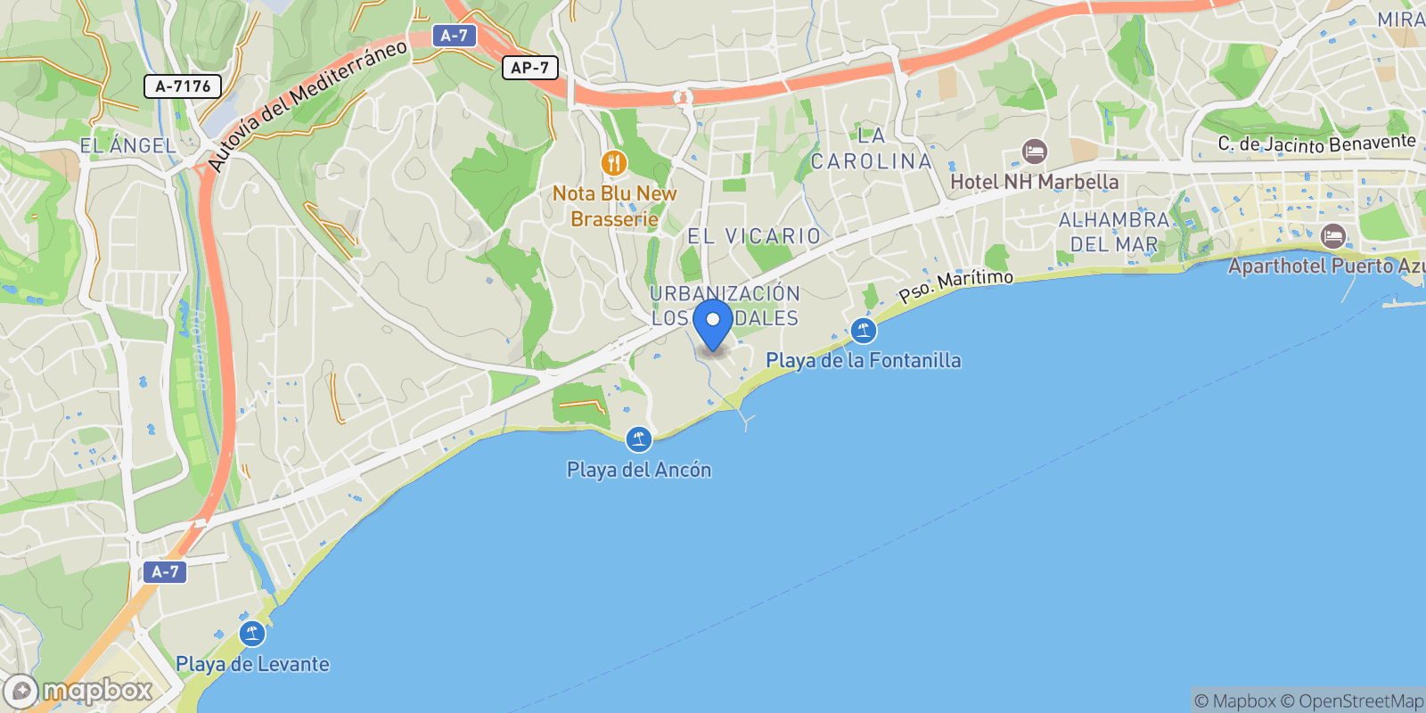 Map showing Puente Romano, 29602 Marbella, Málaga, Spain, Golden Mile, Andalusia, Spain.