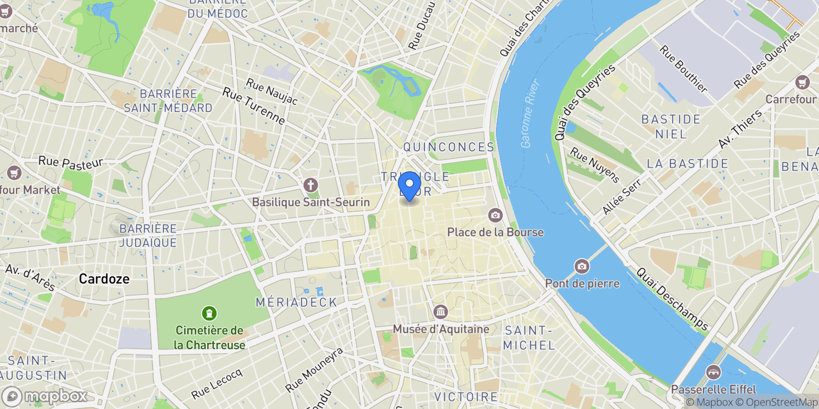 Map showing Bordeaux, Nouvelle-Aquitaine, France.