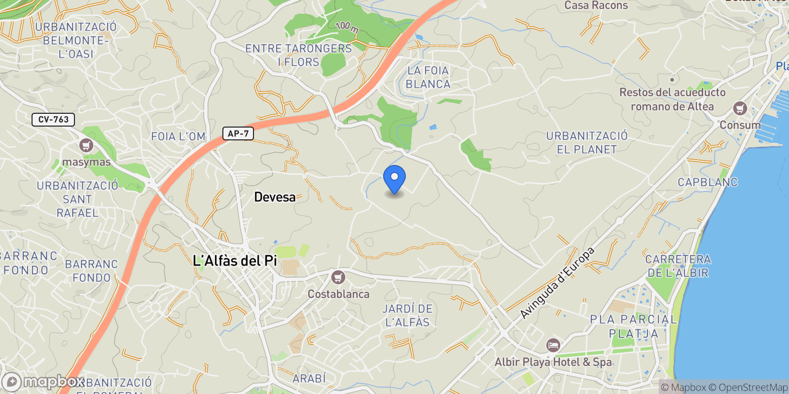 Map showing alborada, Alicante, l'Alfas del Pi, Valencian Community, Spain.