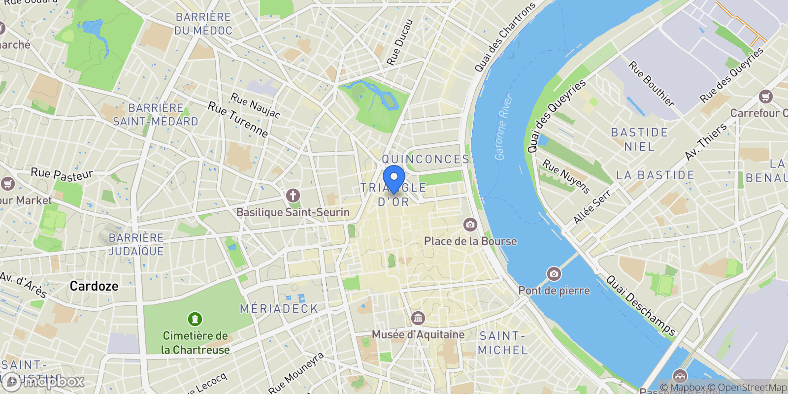 Map showing Bordeaux, Nouvelle-Aquitaine, France.
