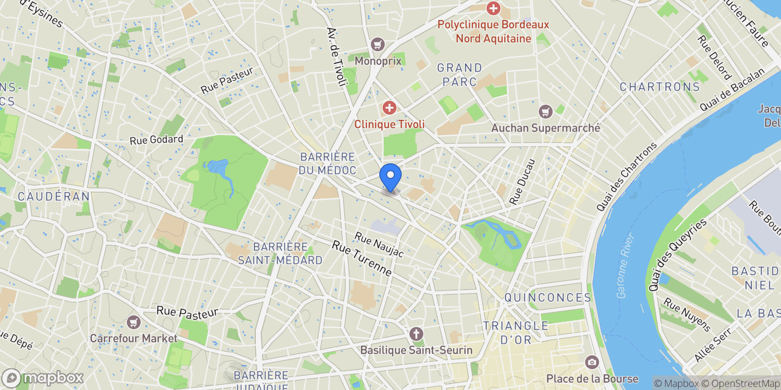 Map showing Bordeaux, Nouvelle-Aquitaine, France.
