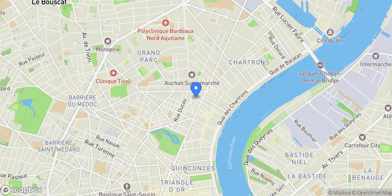 Map showing Bordeaux, Nouvelle-Aquitaine, France.