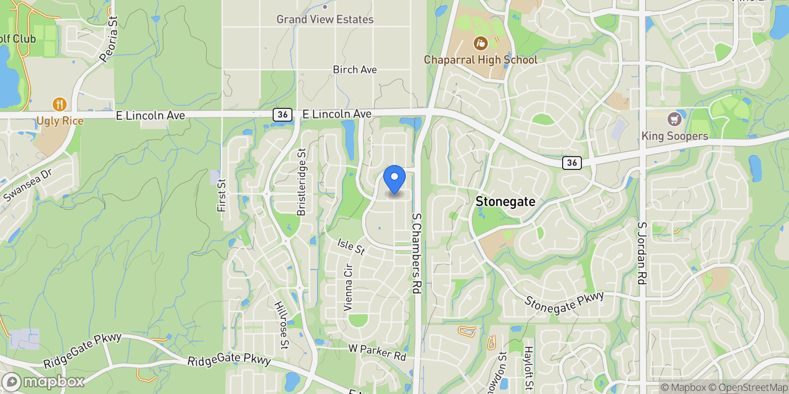 Map showing 15033 Delhi Avenue, Parker, Colorado, United States.