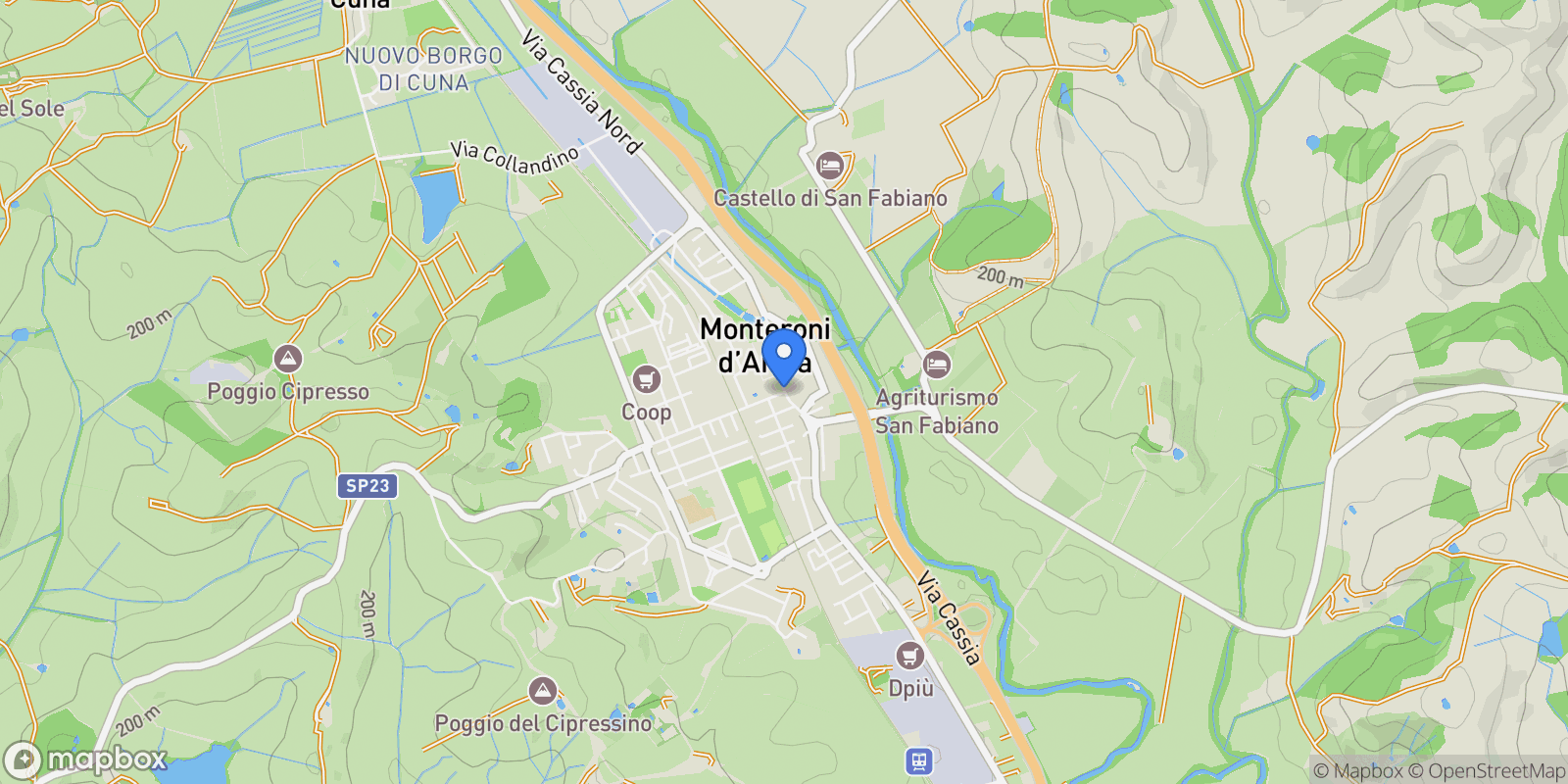 Map showing 53014 Monteroni d'Arbia, Province of Siena, Italy, Monteroni d'Arbia, Tuscany, Italy.