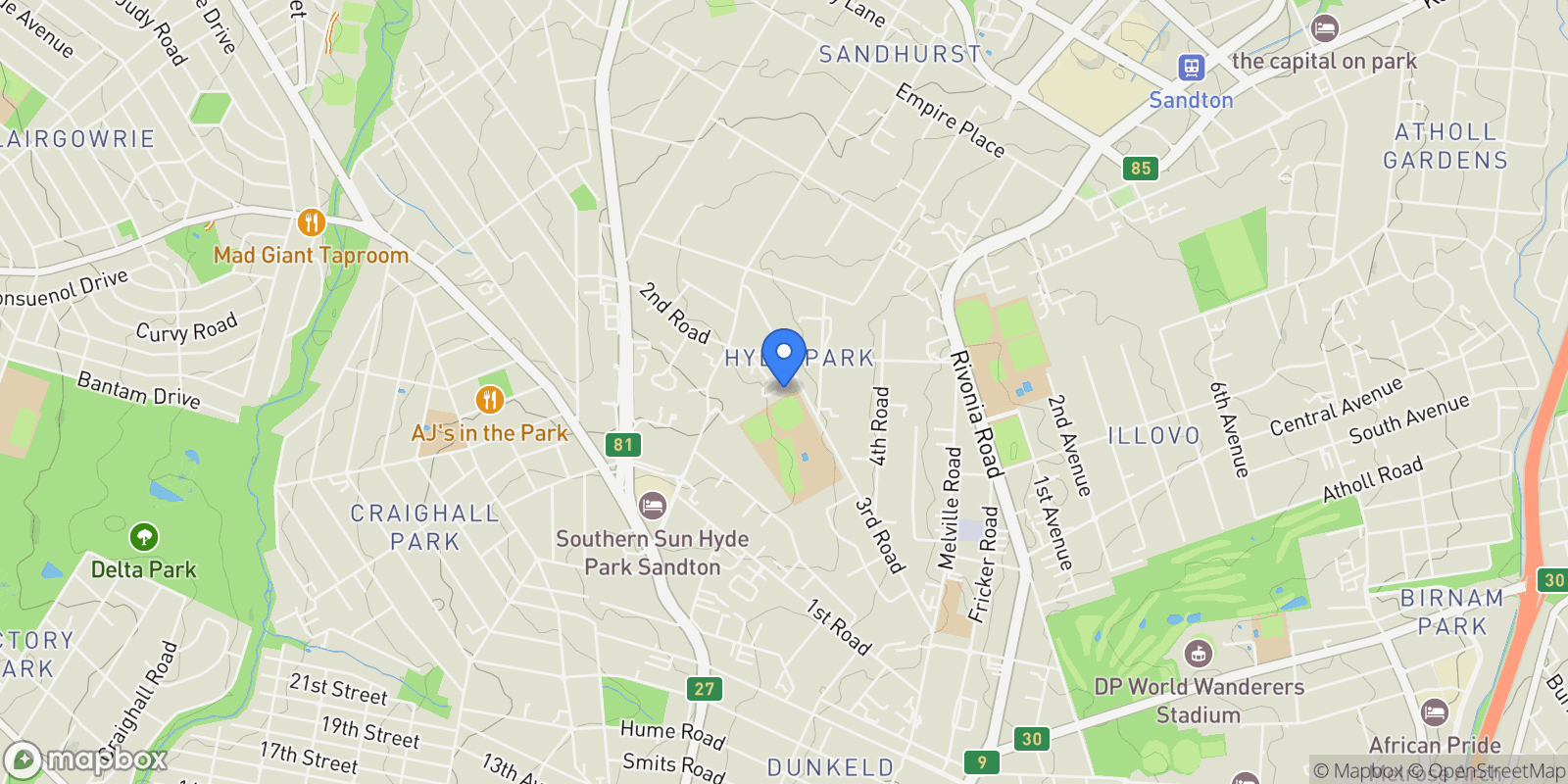Map showing Hyde Park, Sandton, 2196, South Africa, Sandton, Gauteng, South Africa.