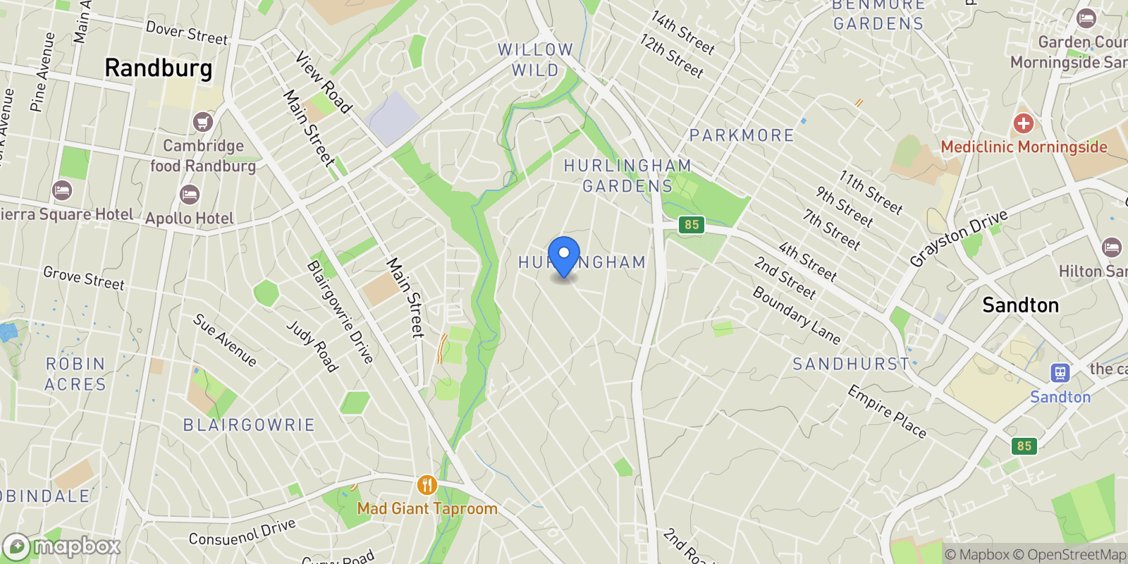 Map showing 12 Stirling Rd, Hurlingham, Sandton, 2070, South Africa, Sandton, Gauteng, South Africa.