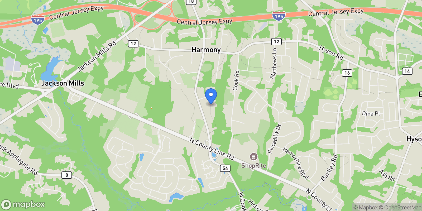 Map showing 9 Carlson Court, Jackson Township, New Jersey, United States.