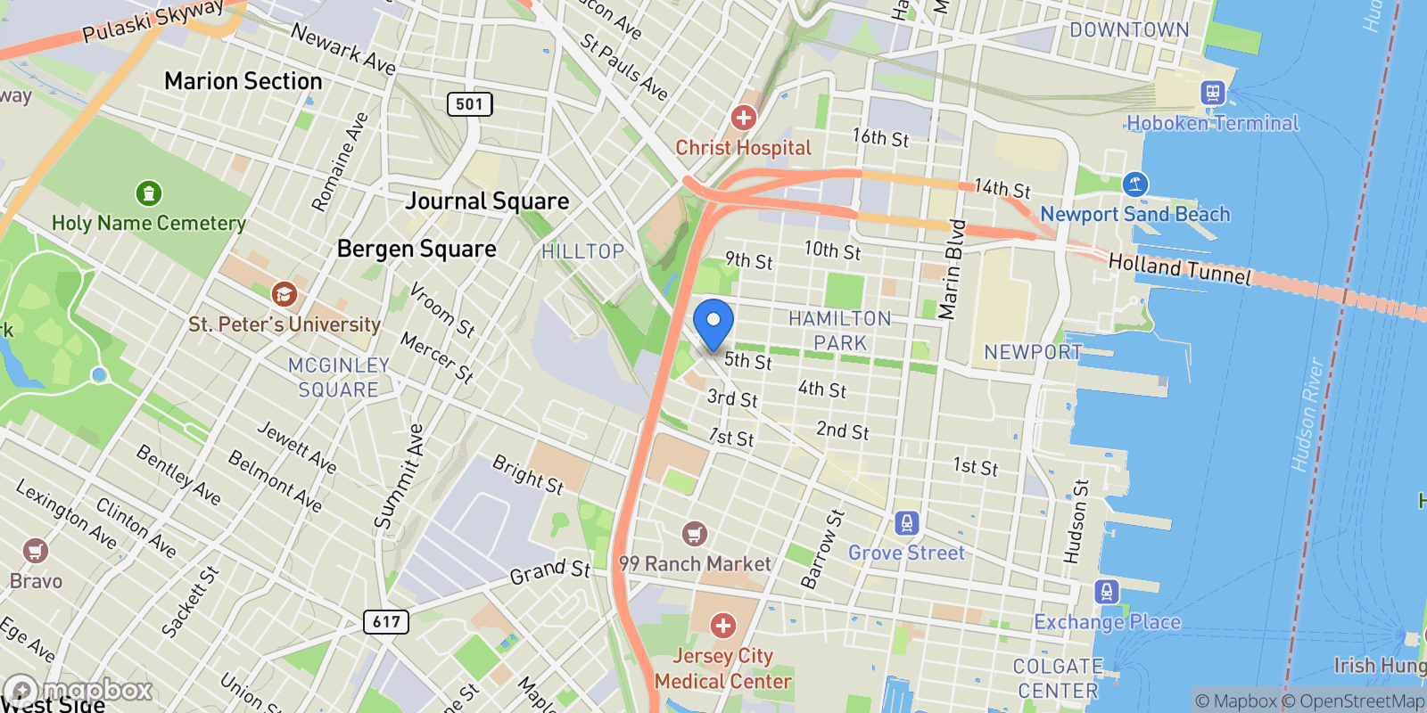 Map showing 372 5th St, Jc, Downtown, NJ 07302, Jersey City, New Jersey, United States.