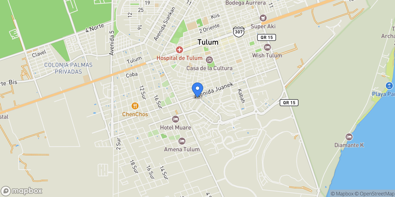 Map showing Itzamna, 77780 Tulum, Q.R., Mexico, Tulum, Quintana Roo, Mexico.