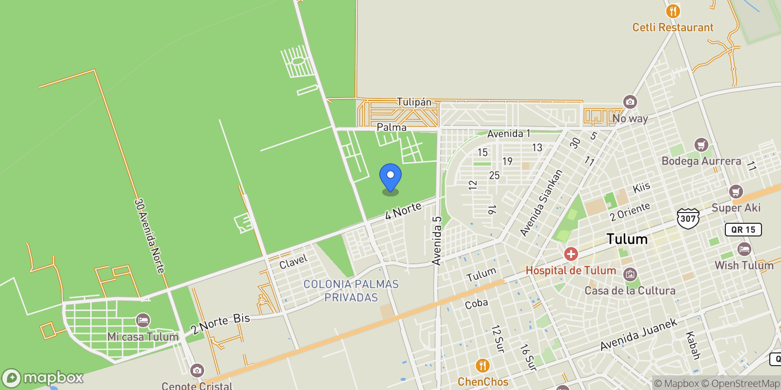 Map showing 6G78+WH, 77762 Tulum, Quintana Roo, Mexico, Tulum, Quintana Roo, Mexico.