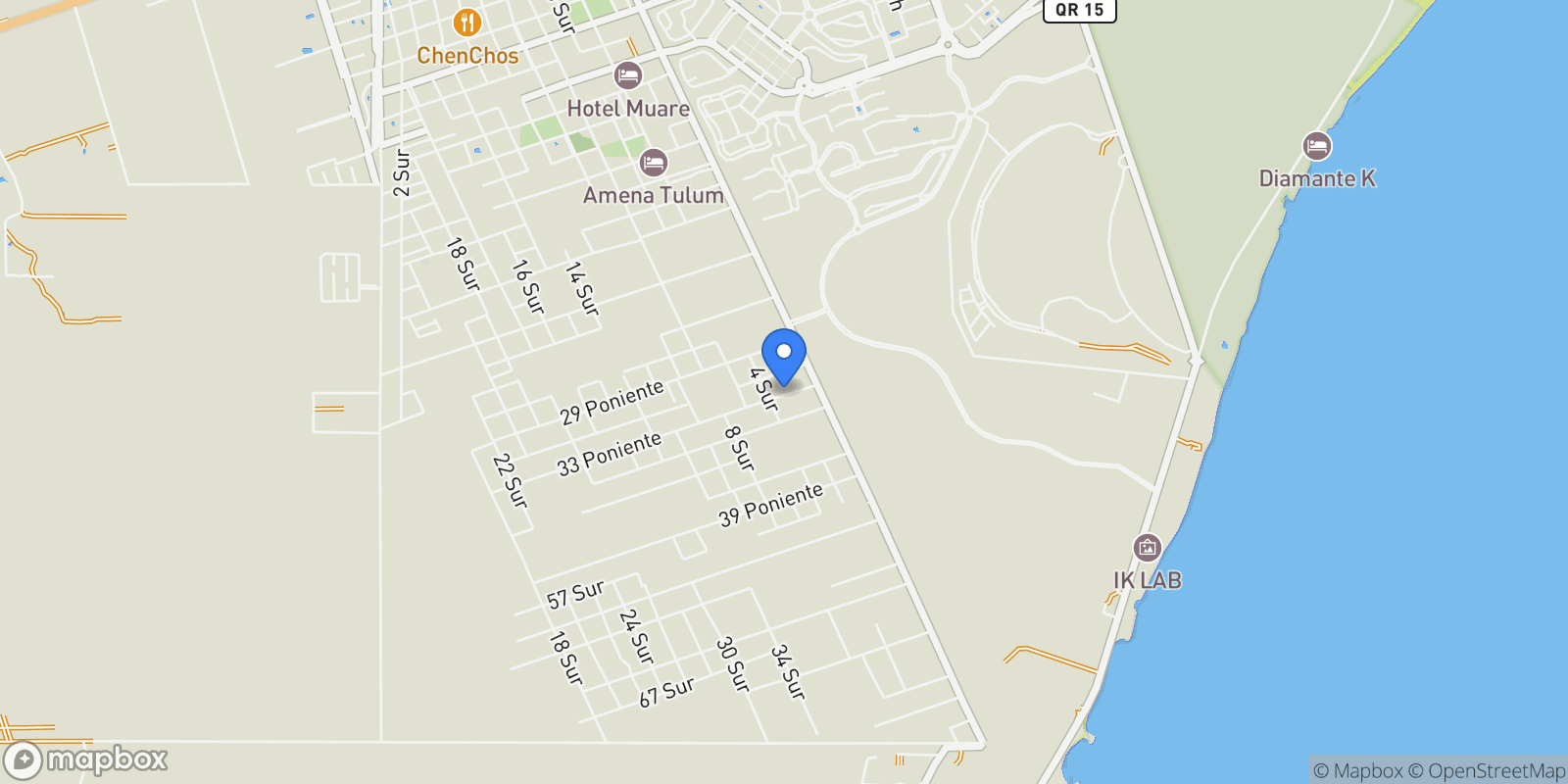 Map showing 5GPQ+69, 77765 Tulum, Quintana Roo, Mexico, Tulum, Quintana Roo, Mexico.