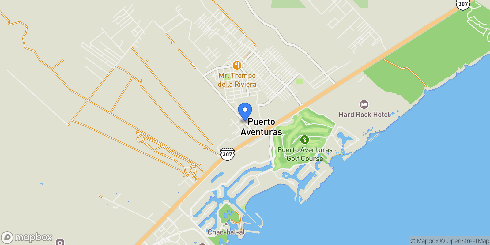 Map showing 77733 Puerto Aventuras, Quintana Roo, Mexico, Puerto Aventuras, Quintana Roo, Mexico.