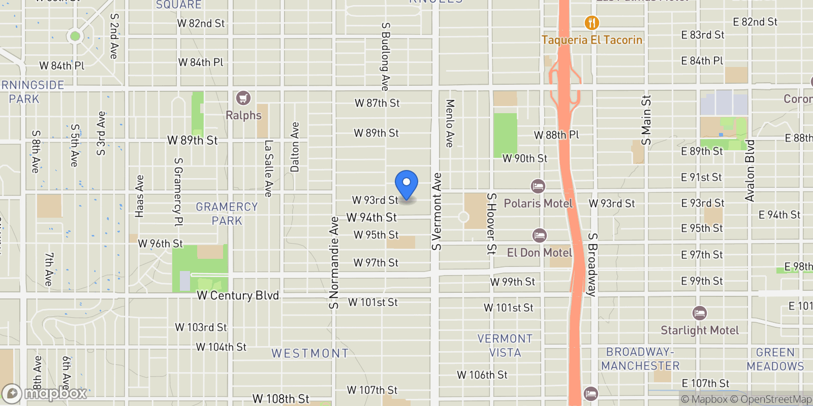 Map showing 1104 W 93rd, Los Angeles, California, United States.