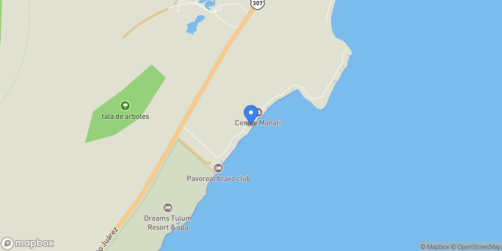 Map showing MZ3 Chemuyil Lote 26 Tankah Tres, 77780 Tulum, Q.R., Mexico, Dreams Tulum, Quintana Roo, Mexico.