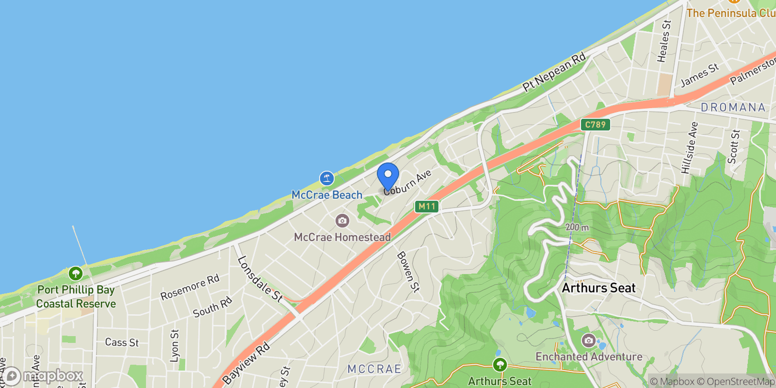 Map showing 18 Coburn Avenue, McCrae, VIC 3938, McCrae, Victoria, Australia.