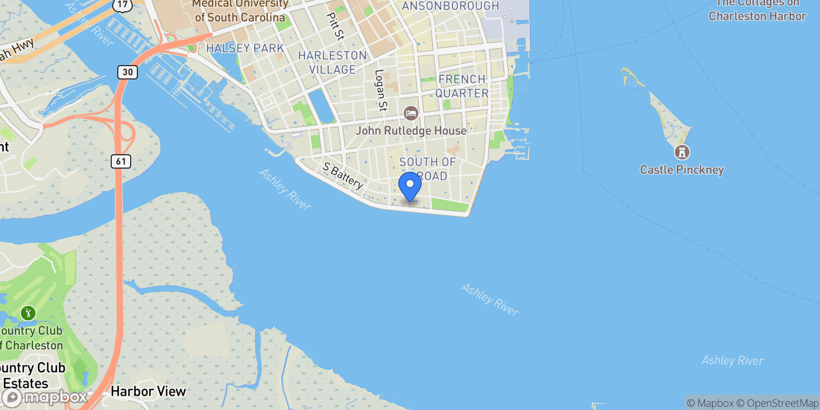 Map showing 14 1/2 Murray Boulevard, Charleston, South Carolina, United States.