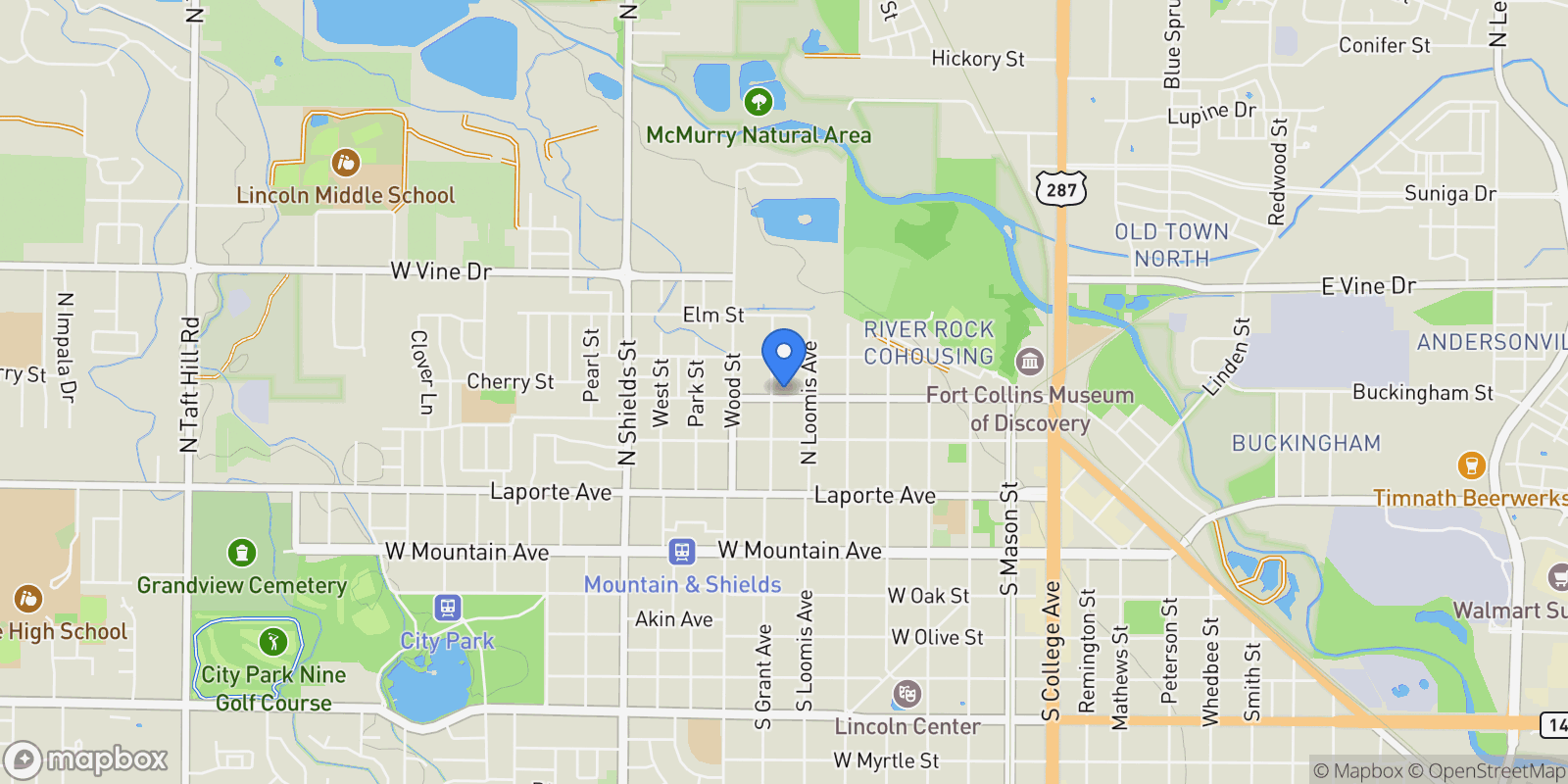 Map showing 722 Cherry Street, Fort Collins, Colorado, United States.