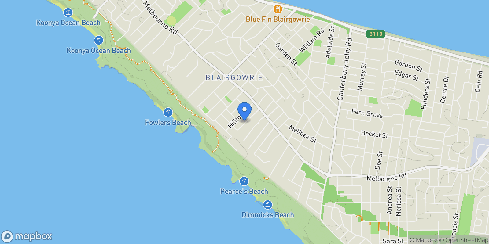 Map showing 24 Ridley Street, Blairgowrie, VIC 3942, Blairgowrie, Victoria, Australia.