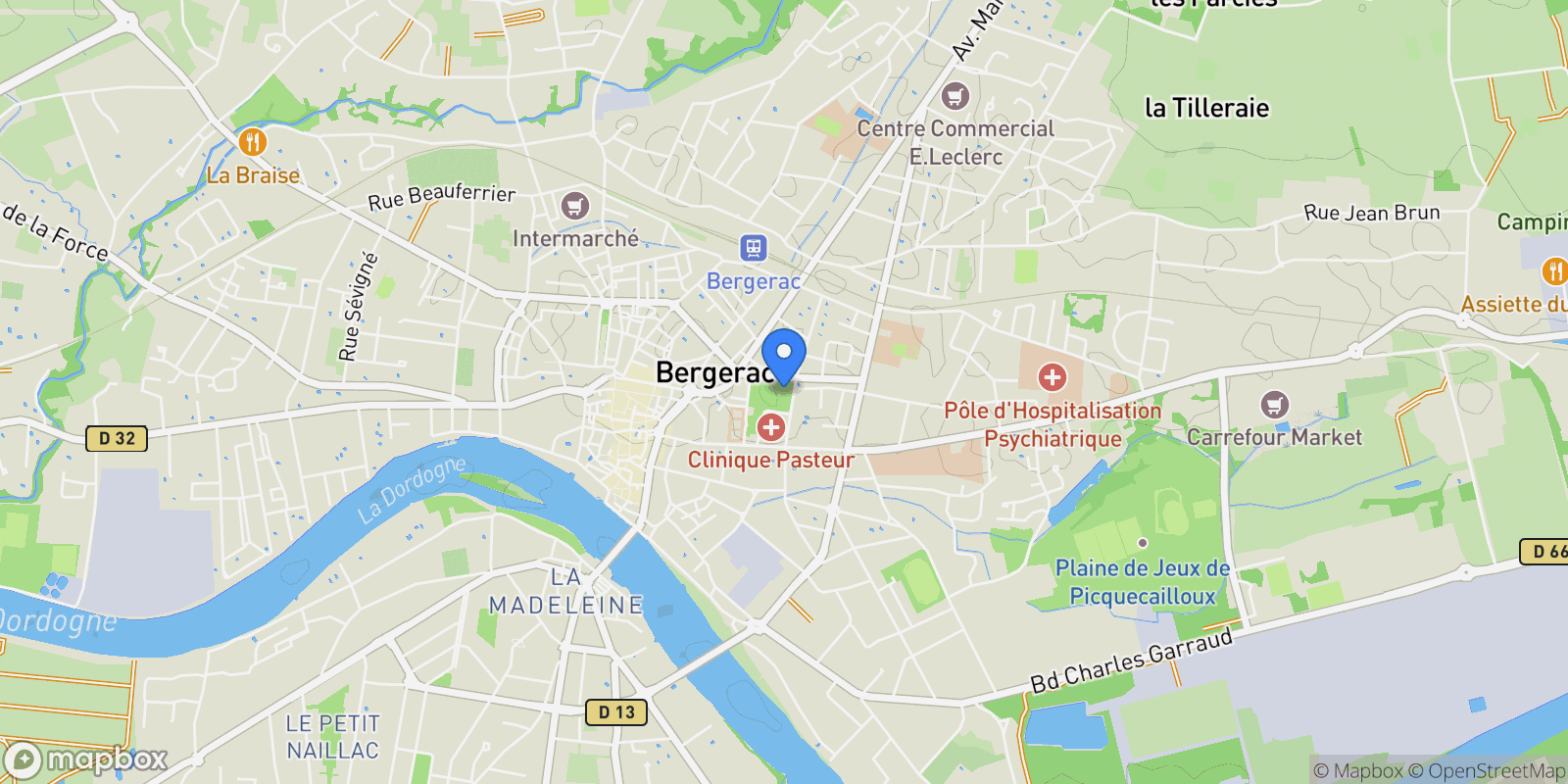 Map showing Bergerac, Nouvelle-Aquitaine, France.