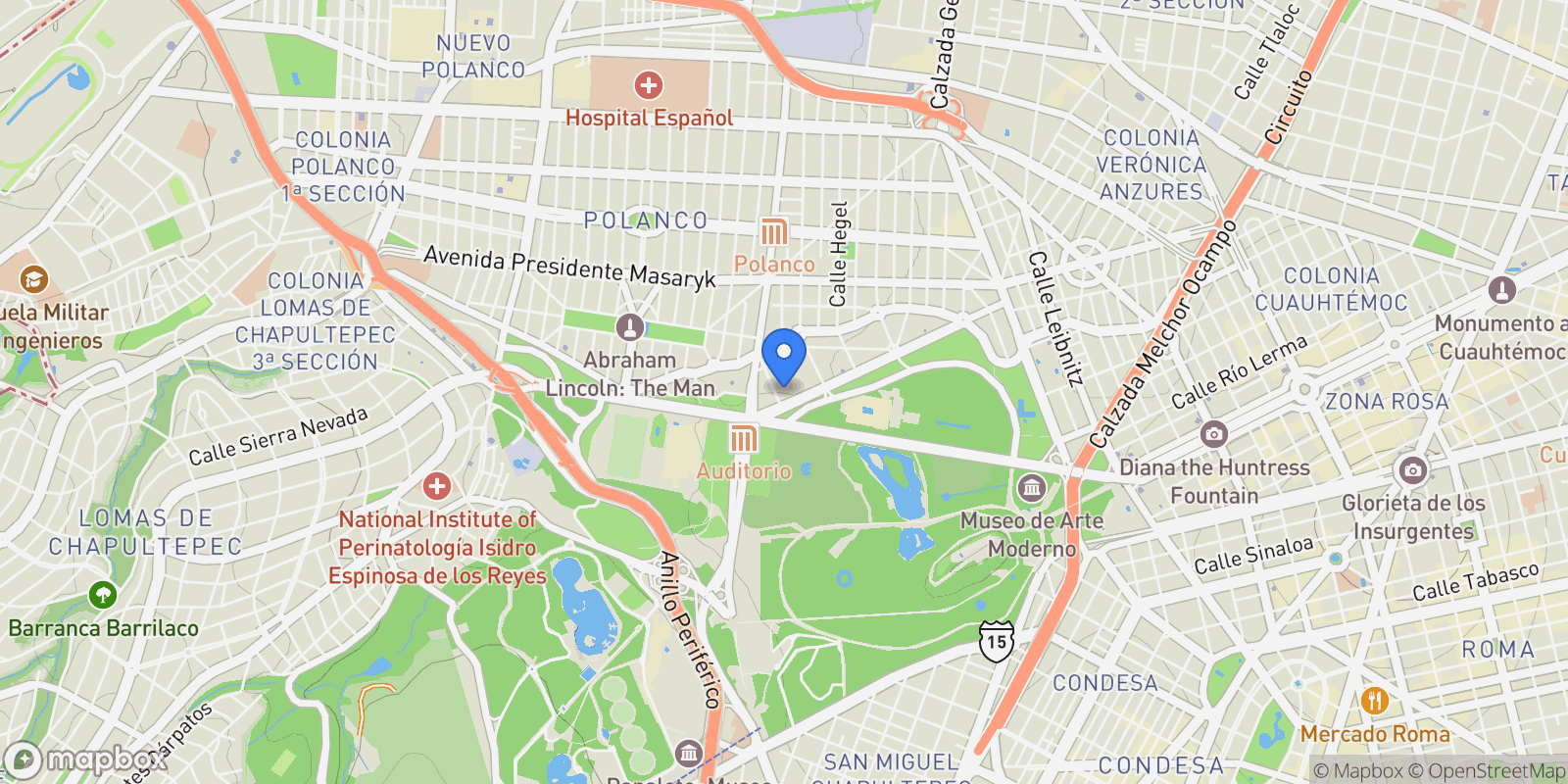 Map showing 225 Rubén Darío, Mexico City, Mexico.