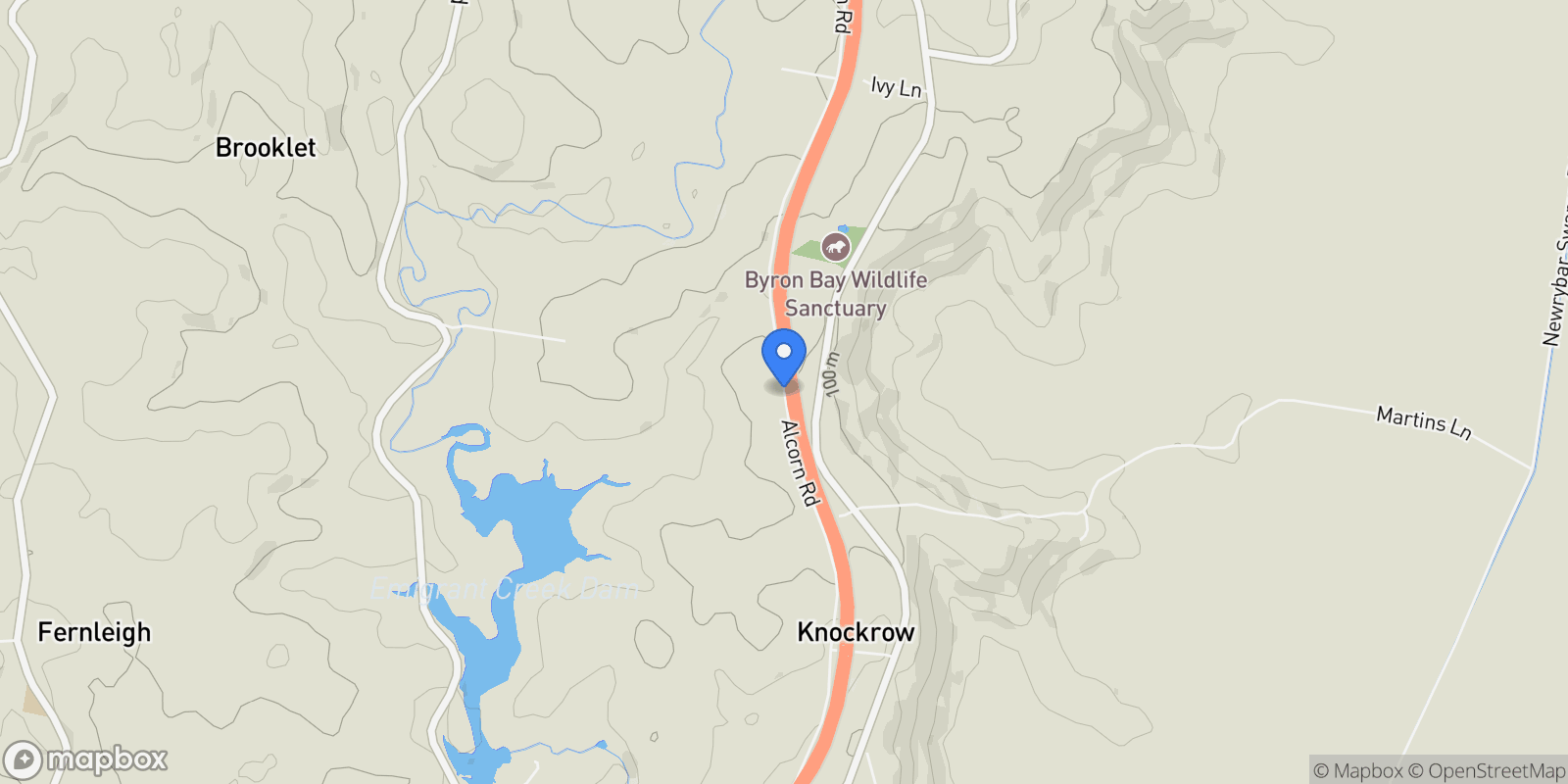 Map showing Alcorn Road, Knockrow, New South Wales, Australia.
