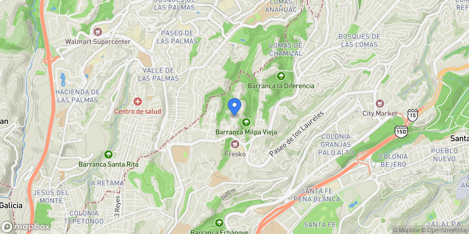 Map showing P.º de Las Bugambilias, Mexico City, Mexico.