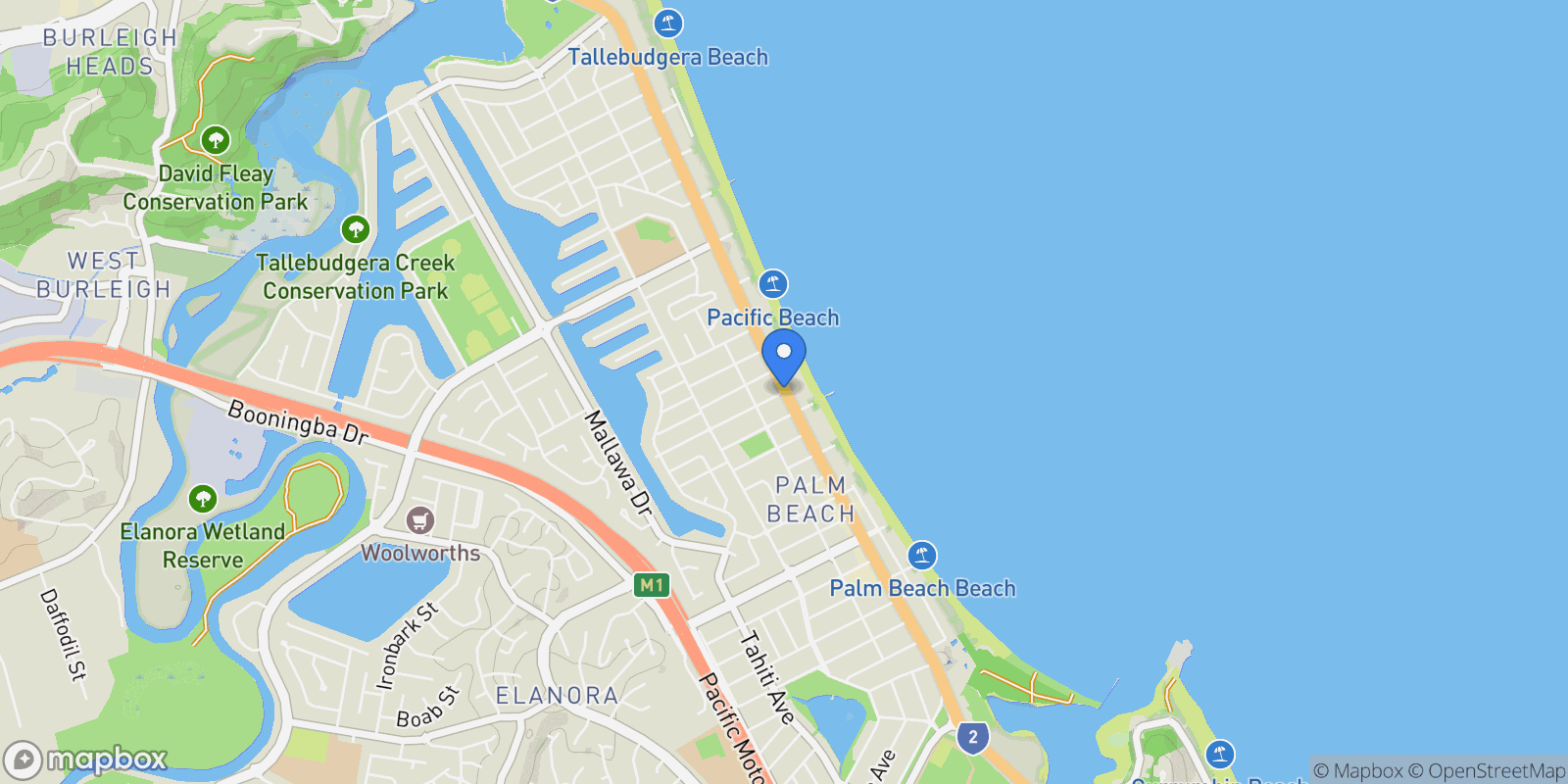 Map showing Gold Coast Highway, Palm Beach, Queensland, Australia.