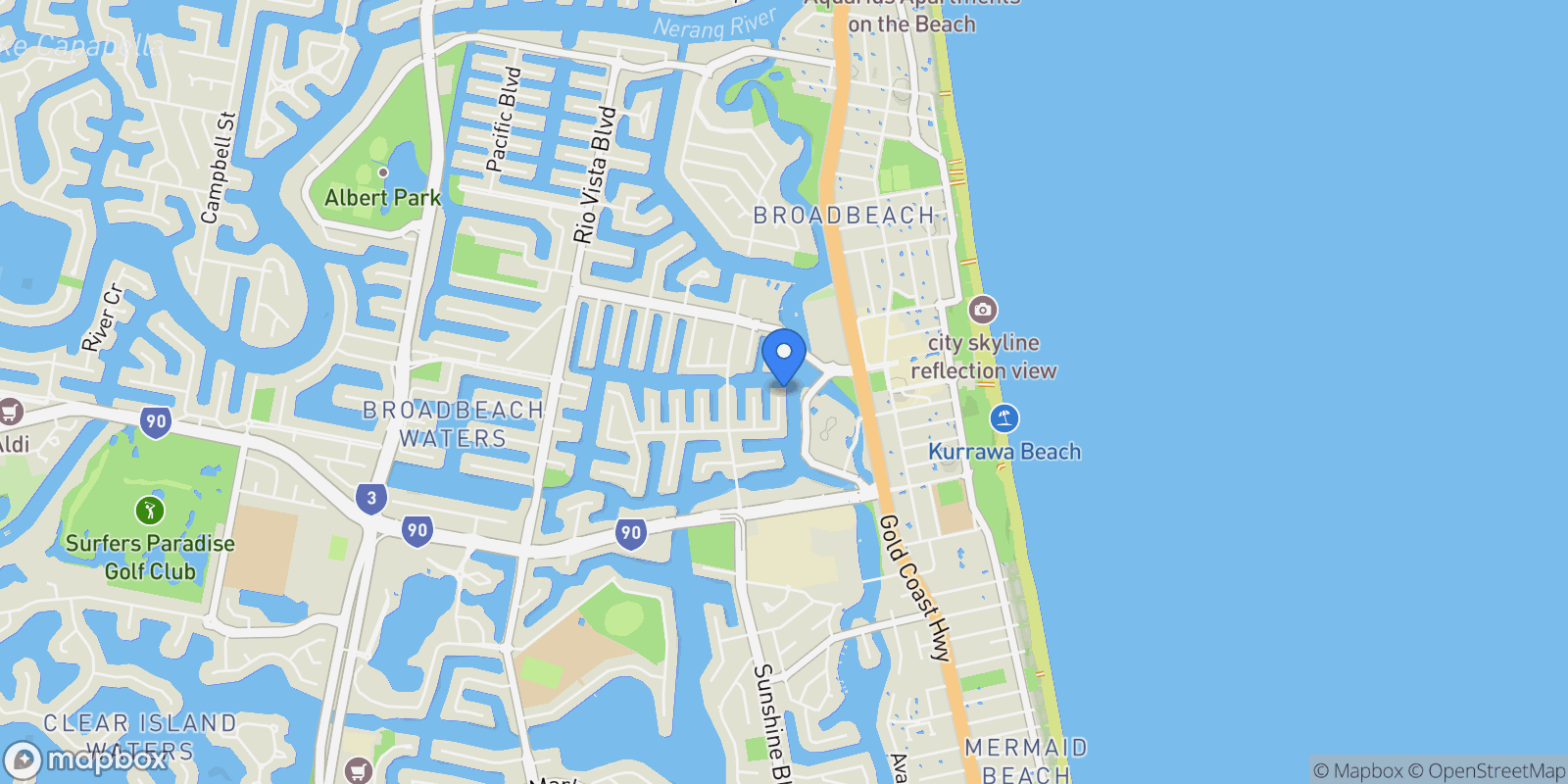 Map showing 20 Lakeland Ky, Broadbeach Waters QLD 4218, Australia, Broadbeach Waters, Queensland, Australia.