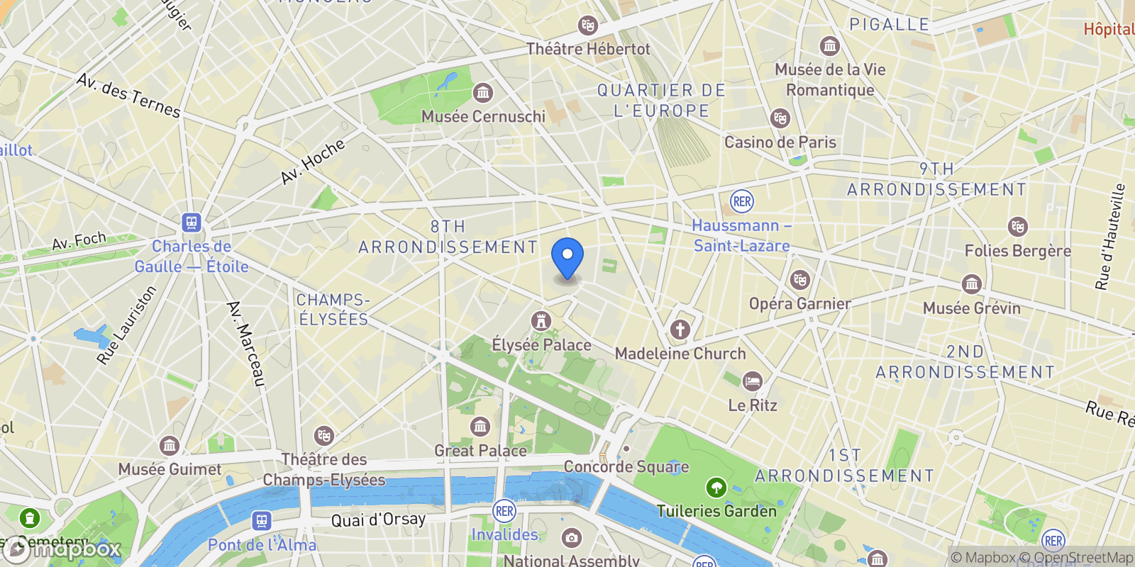 Map showing PARIS, J 75008, Paris, Île-de-France, France.