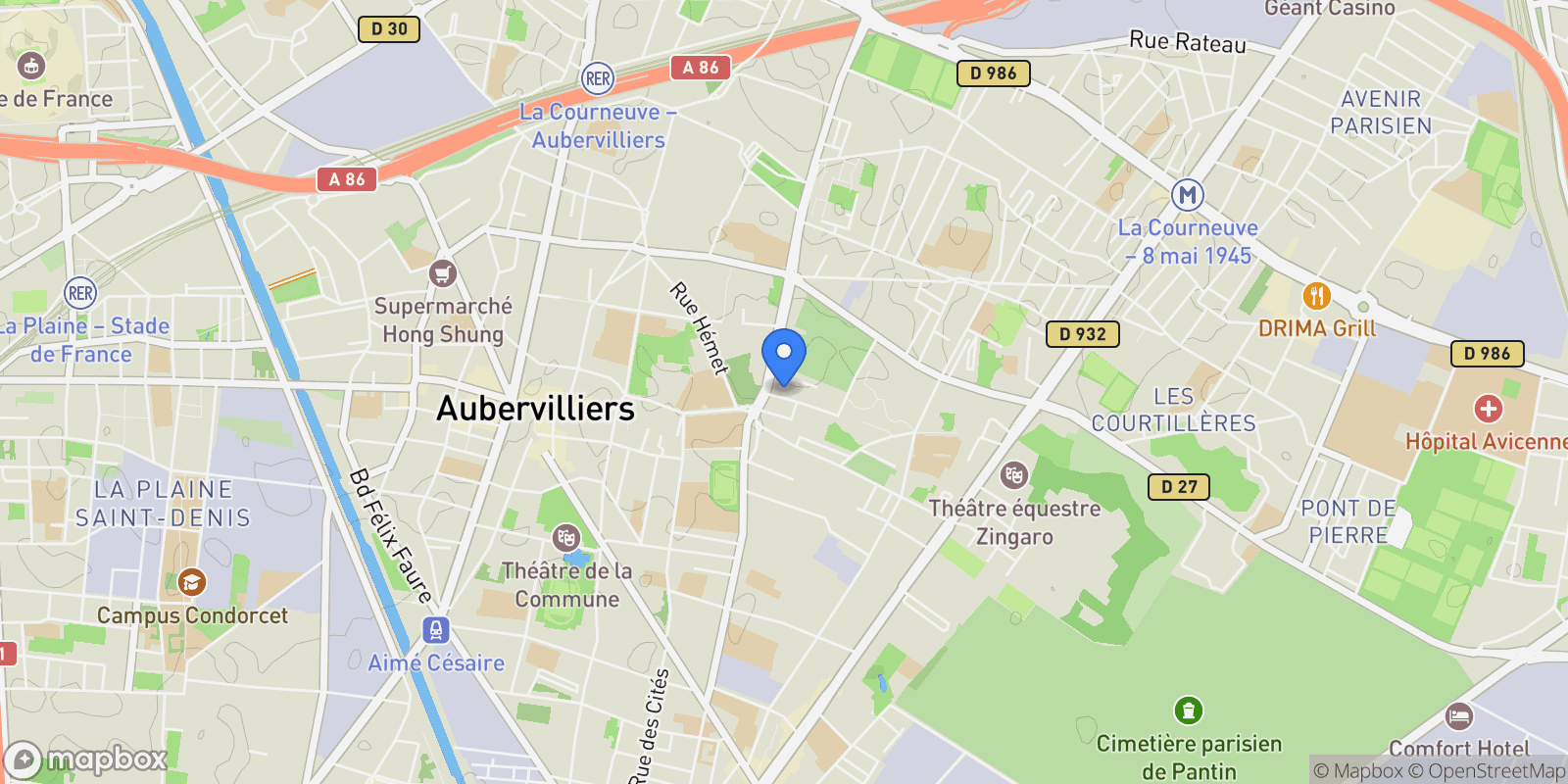 Map showing 18 Rue Charles Tillon, Aubervilliers, Île-de-France, France.