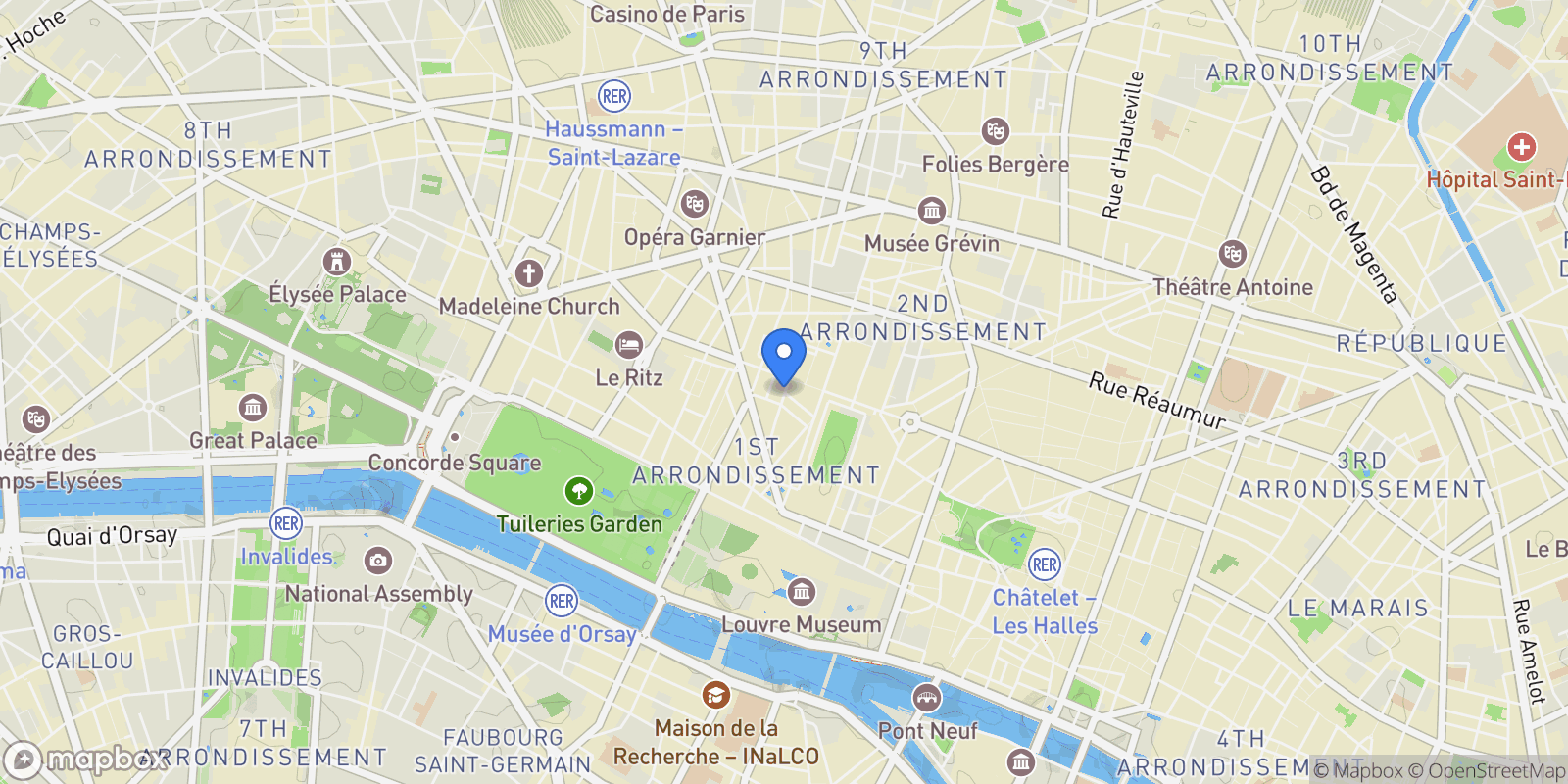 Map showing 43 Rue Sainte-Anne, Paris, Île-de-France, France.