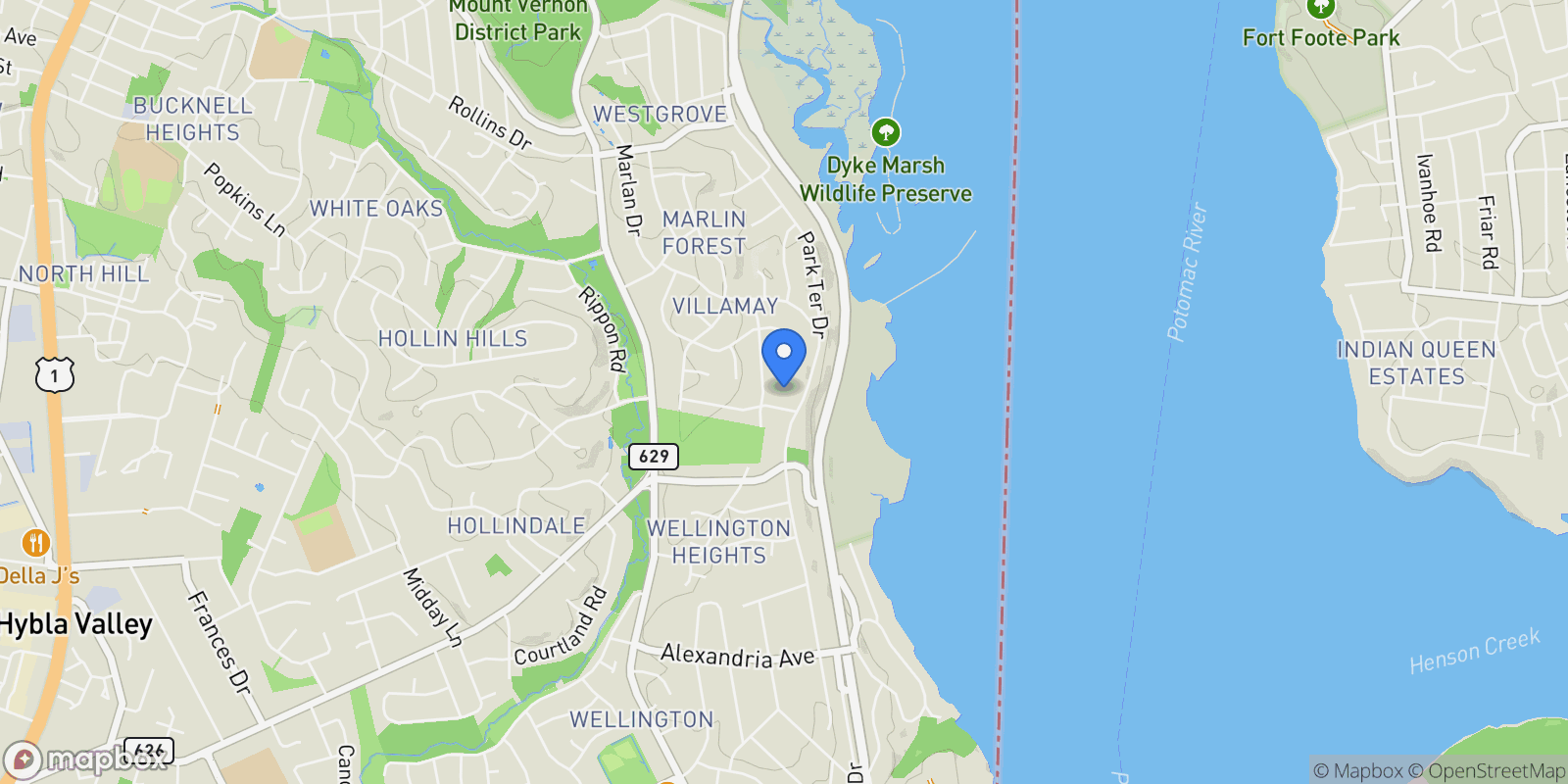 Map showing 1101 Gatewood Drive , Alexandria, DC 22307, Belle Haven, Virginia, United States.