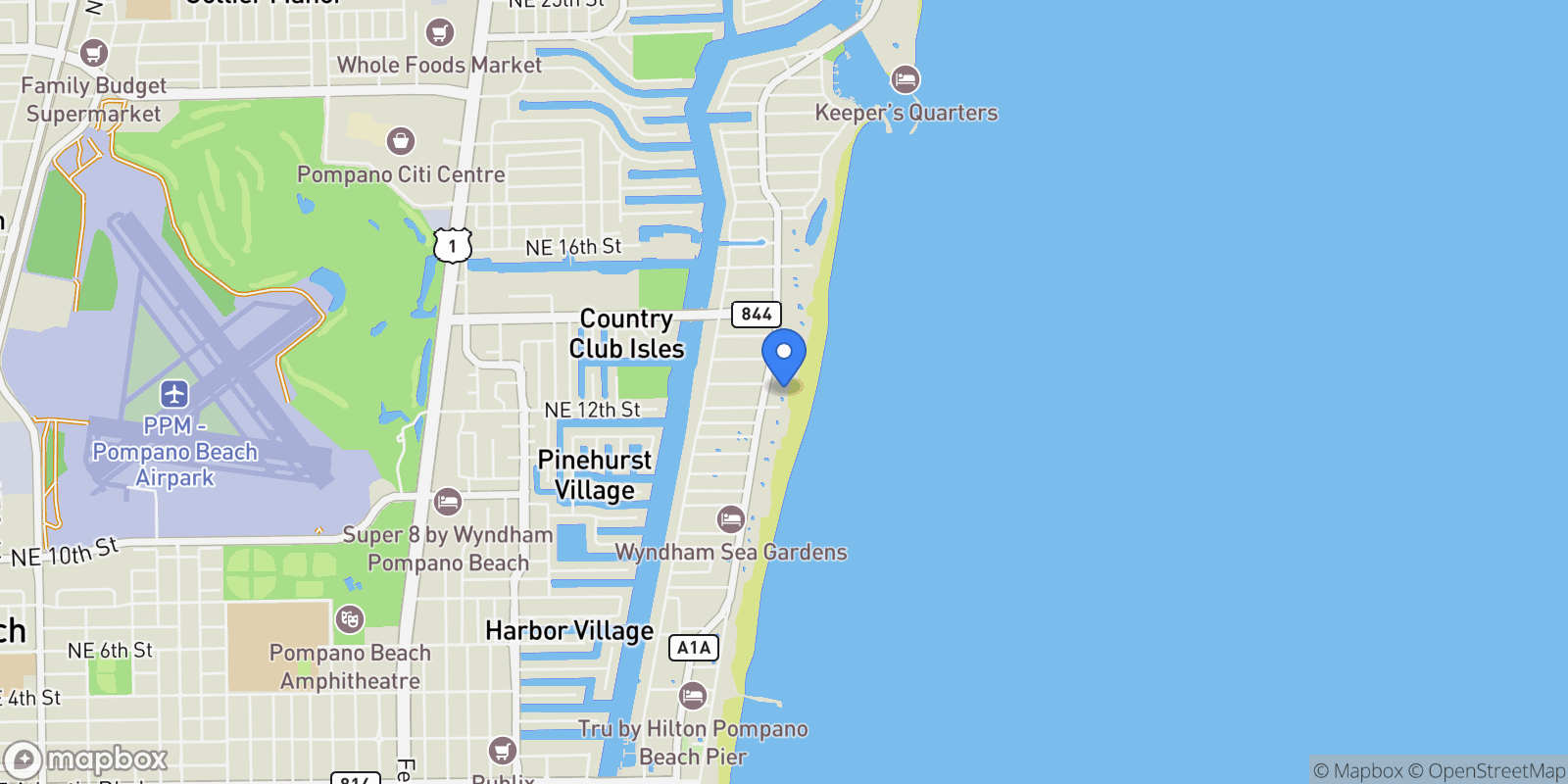 Map showing 1012 N Ocean Boulevard, Hillsboro Beach, Florida, United States.