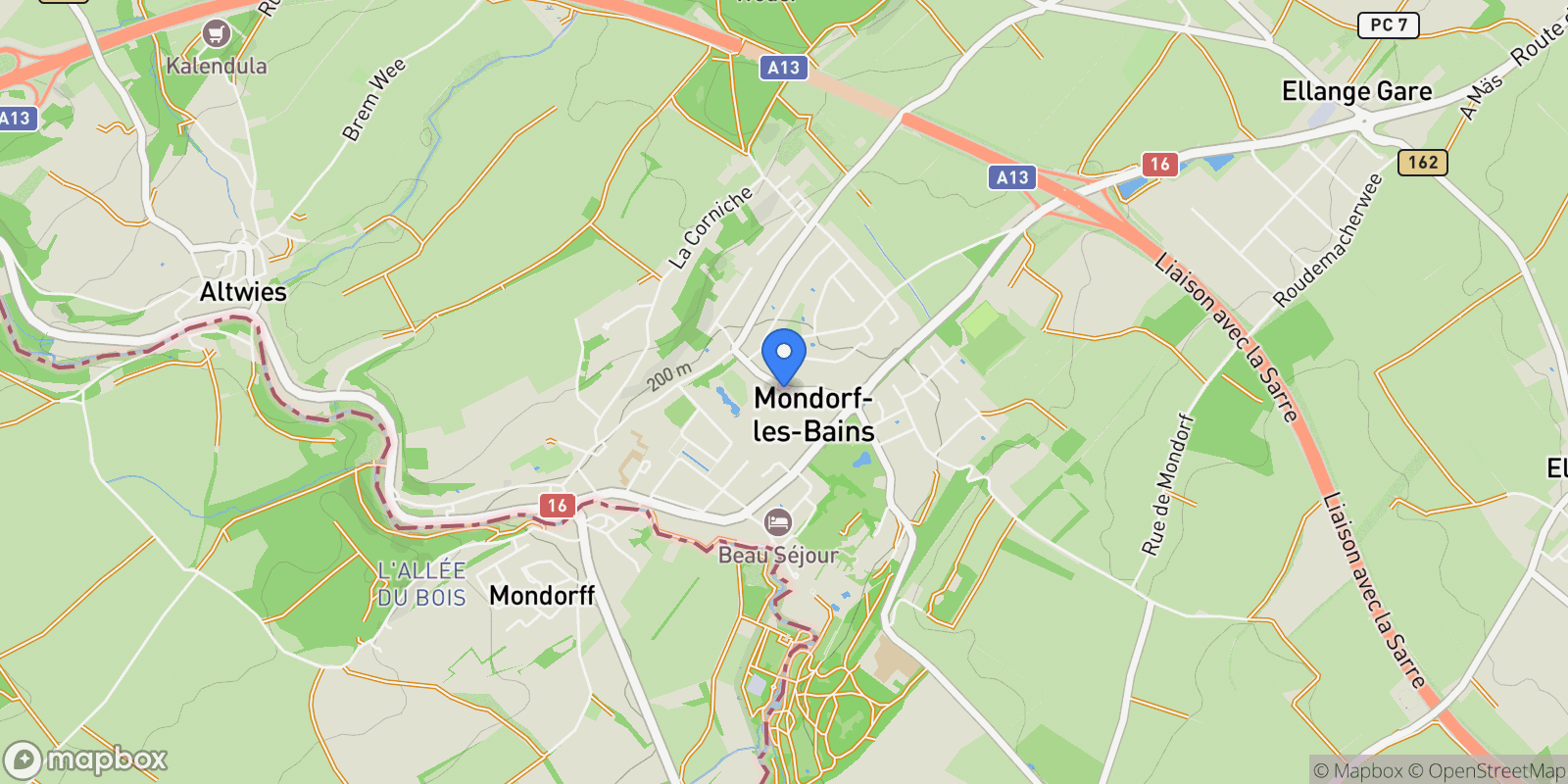 Map showing Mondorf-les-Bains, Grevenmacher, Luxembourg.