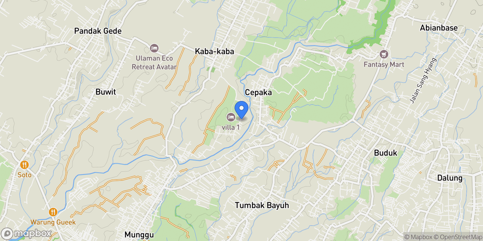 Map showing 94WV+P5W, Jalan raya dangin uma, Kaba-Kaba, Kec. Kediri, Kabupaten Tabanan, Bali 80351, Indonesia, Bali, Indonesia.