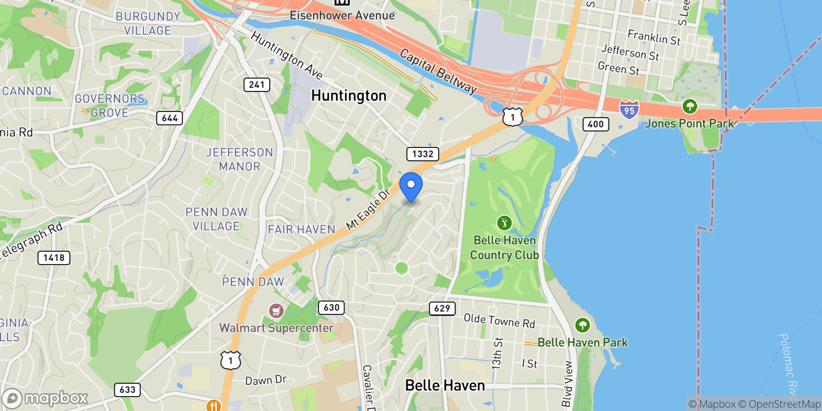 Map showing 6032 Grove Drive, Alexandria, VA 22307, Belle Haven, Virginia, United States.