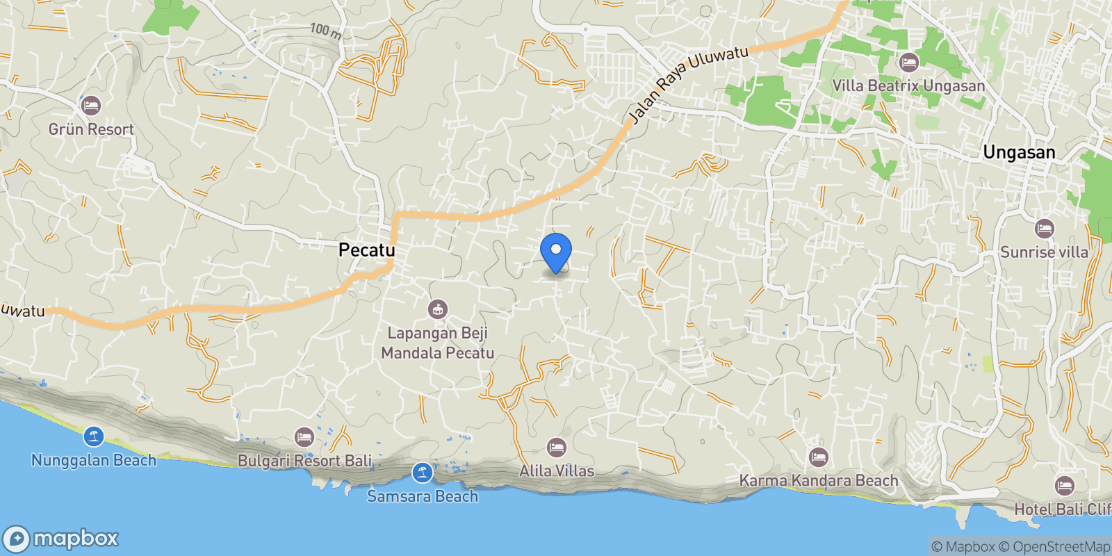 Map showing Jl. Belimbing Sari, Pecatu, Kec. Kuta Sel., Kabupaten Badung, Bali, Indonesia, Bali, Indonesia.