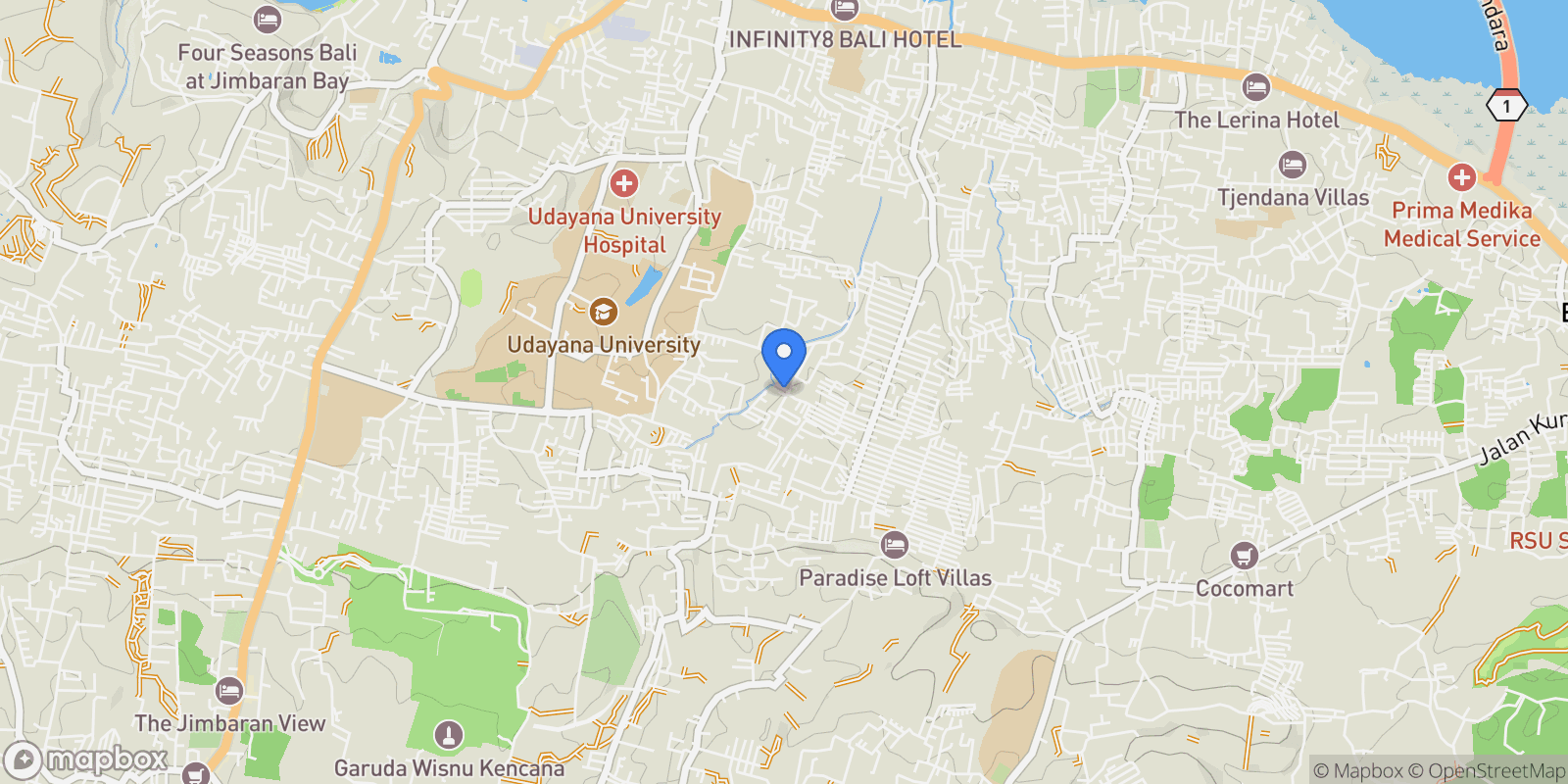 Map showing 652J+7GR, Jimbaran, South Kuta, Badung Regency, Bali 80361, Indonesia, Bali, Indonesia.