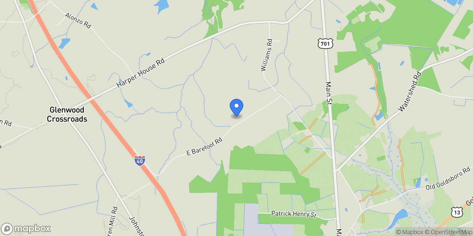 Map showing 410 E Barefoot Road, Newton Grove, North Carolina, United States.
