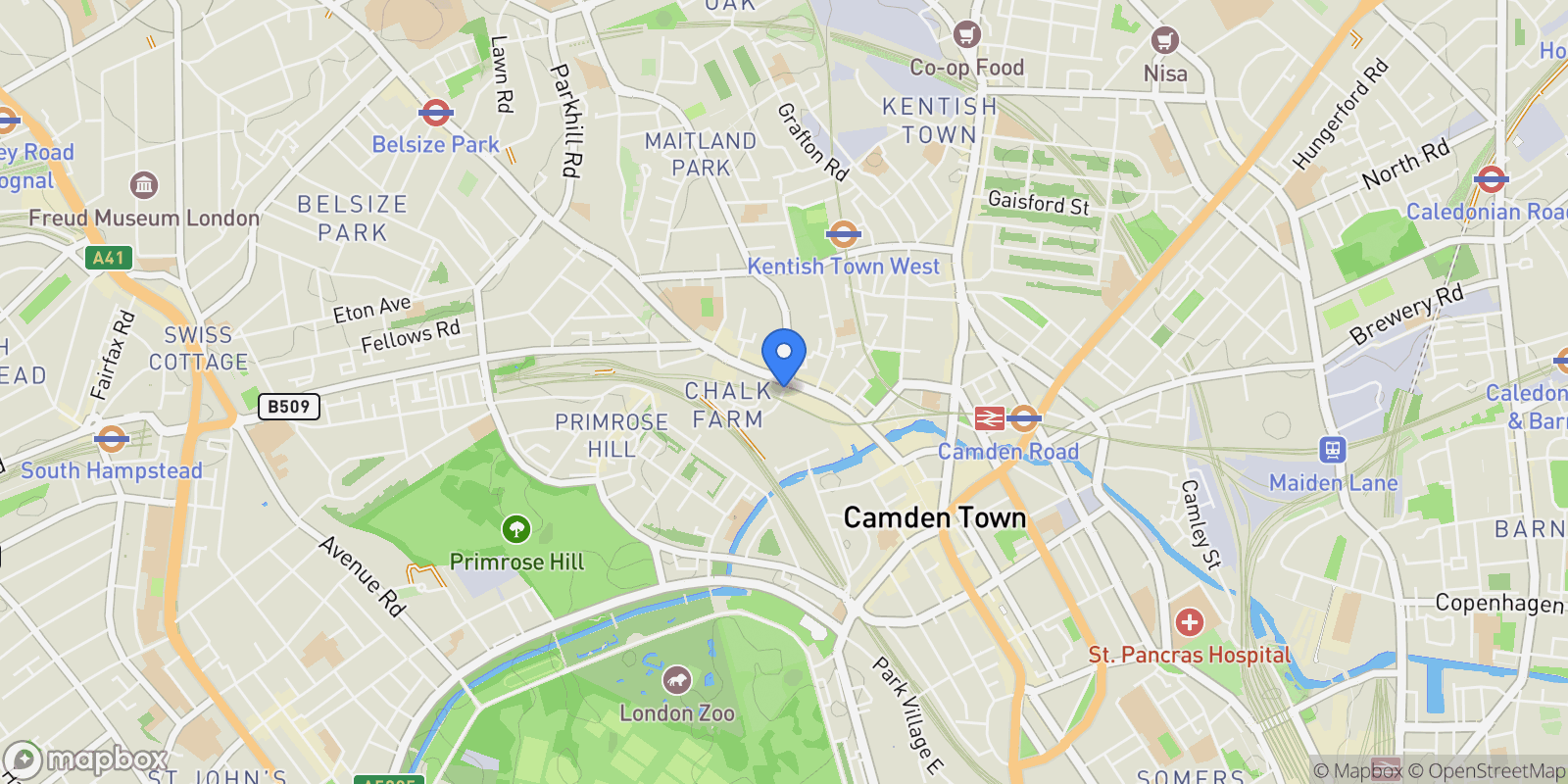 Map showing Chalk Farm Road, London, England, United Kingdom.