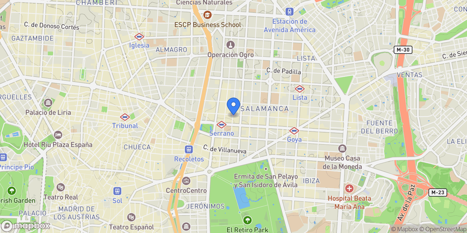 Map showing Madrid, Barrio Salamanca, Madrid, Spain.