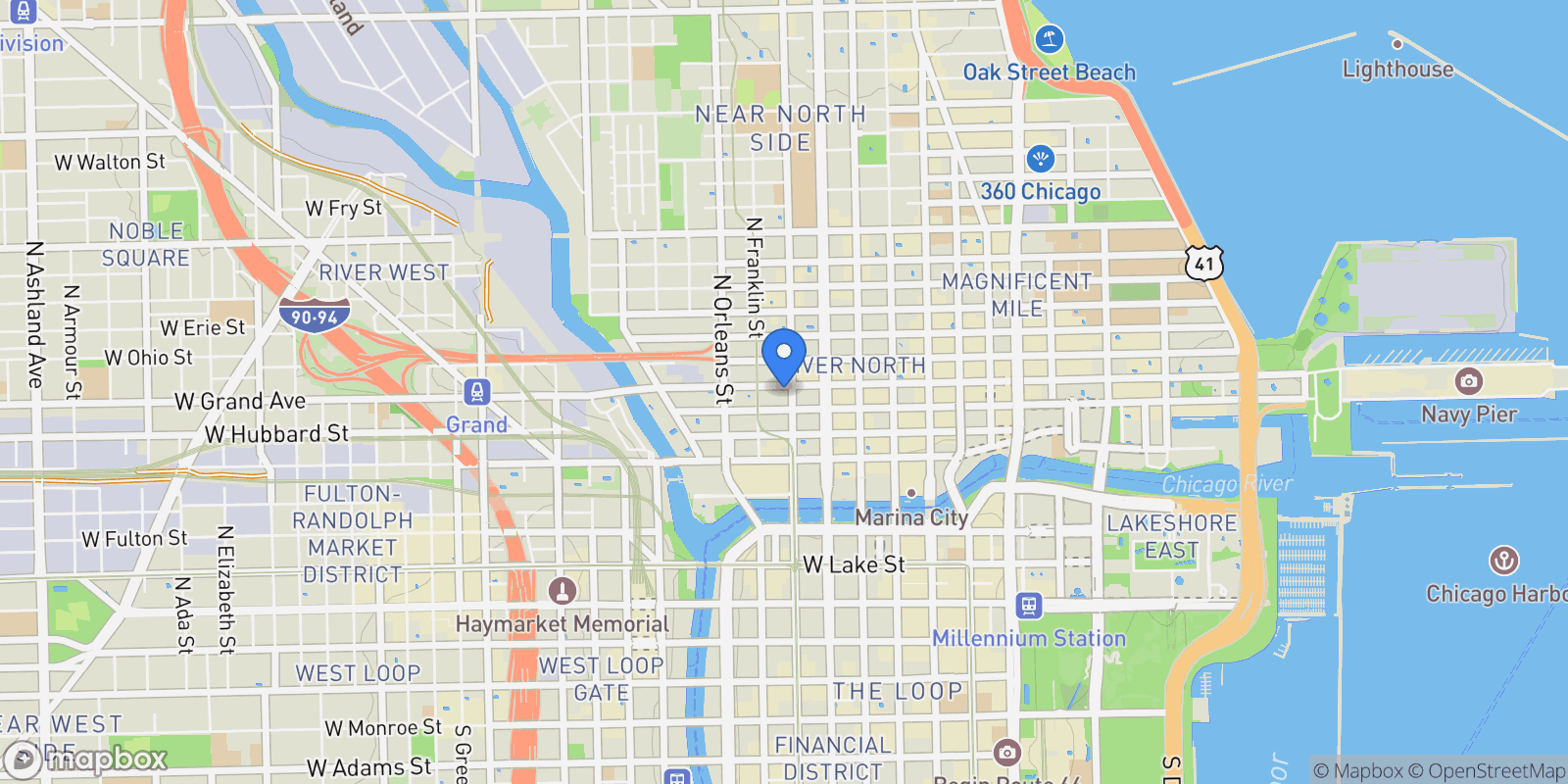 Map showing 201 West Grand Avenue , 1001, Chicago, IL 60654, Chicago, Illinois, United States.