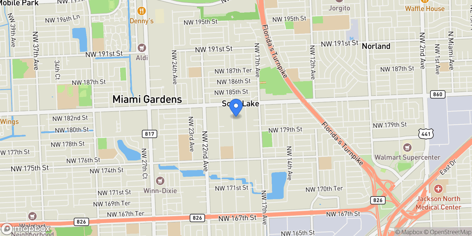 Map showing 18101 NW 19th Ave, Miami Gardens, Florida, United States.