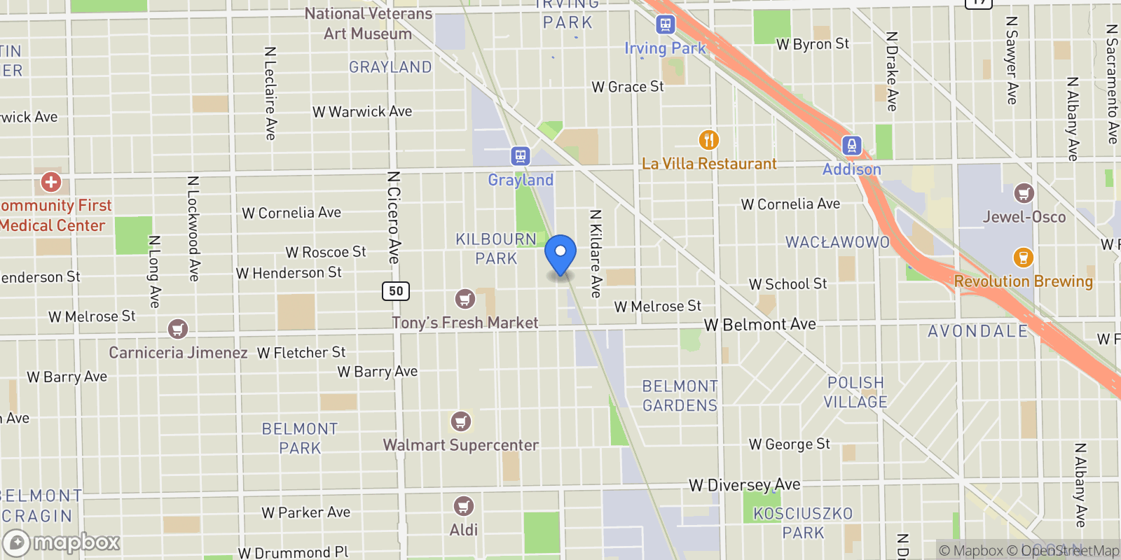 Map showing 3311 N Kostner Avenue, Chicago, IL 60641, Chicago, Illinois, United States.