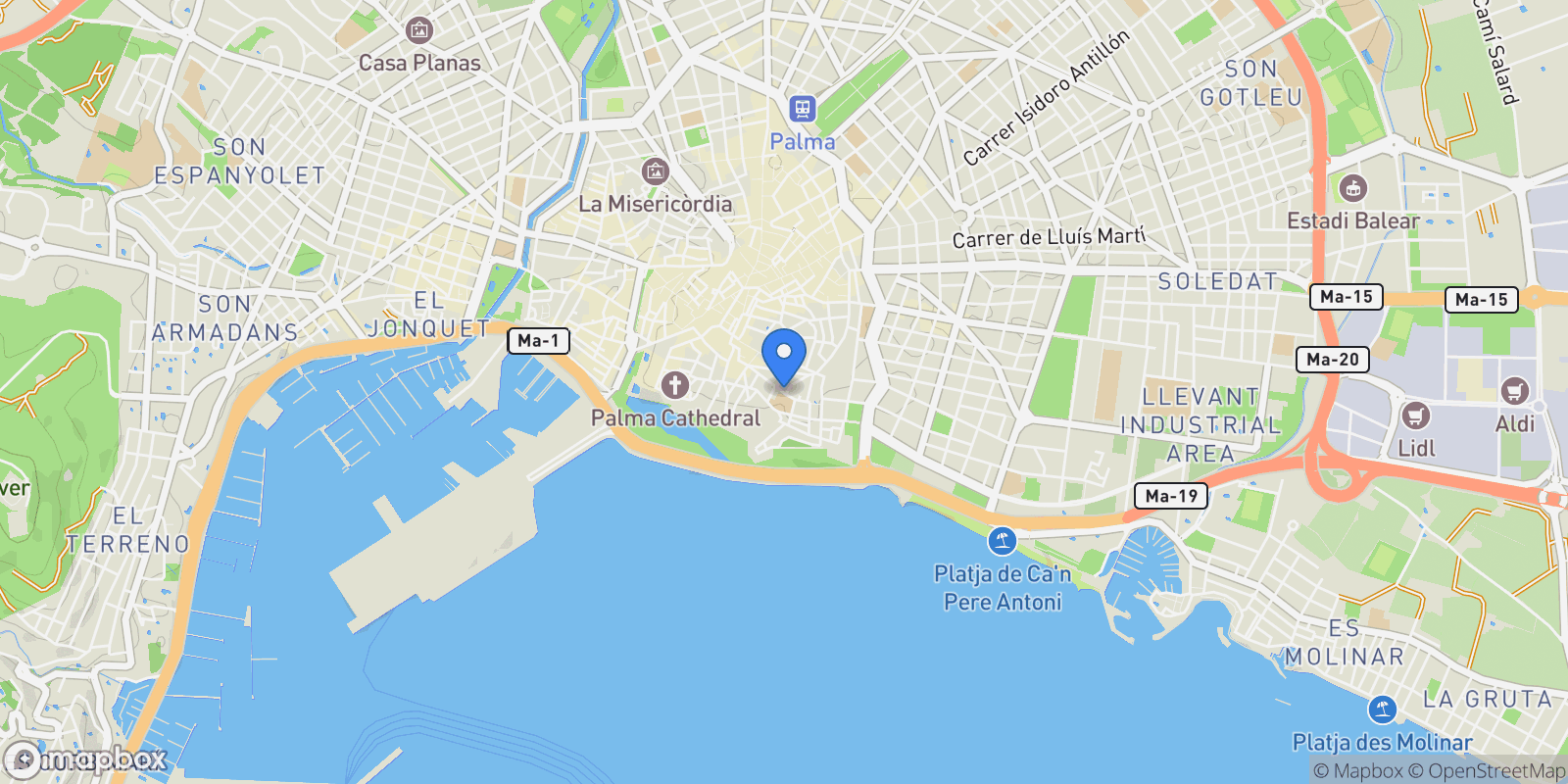 Map showing Carrer Monti-Sion, Palma, Balearic Islands, Spain.
