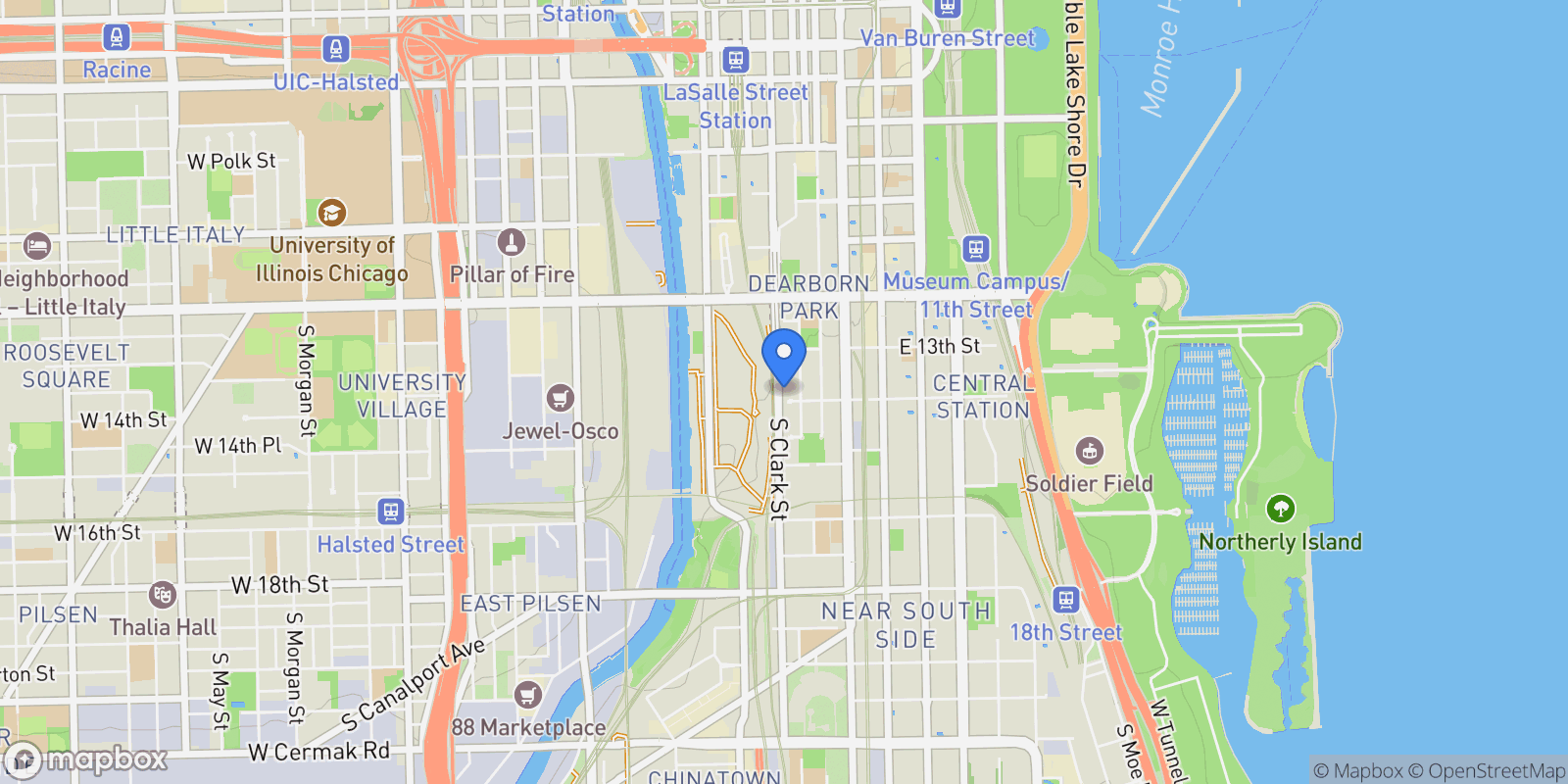 Map showing 1351 S Clark Street, Chicago, IL 60605, Chicago, Illinois, United States.