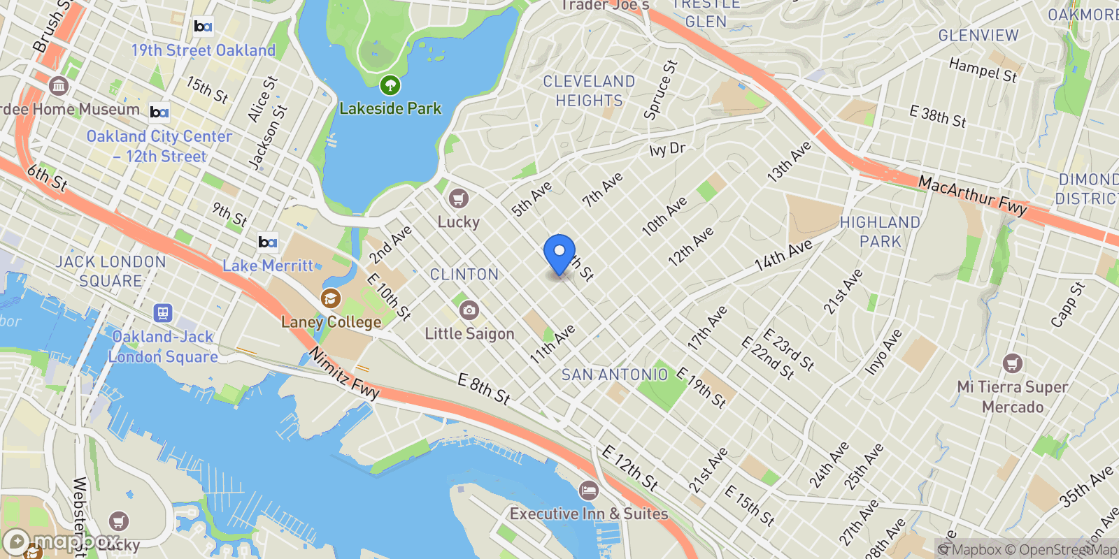 Map showing 847 E 18th, Oakland, California, United States.